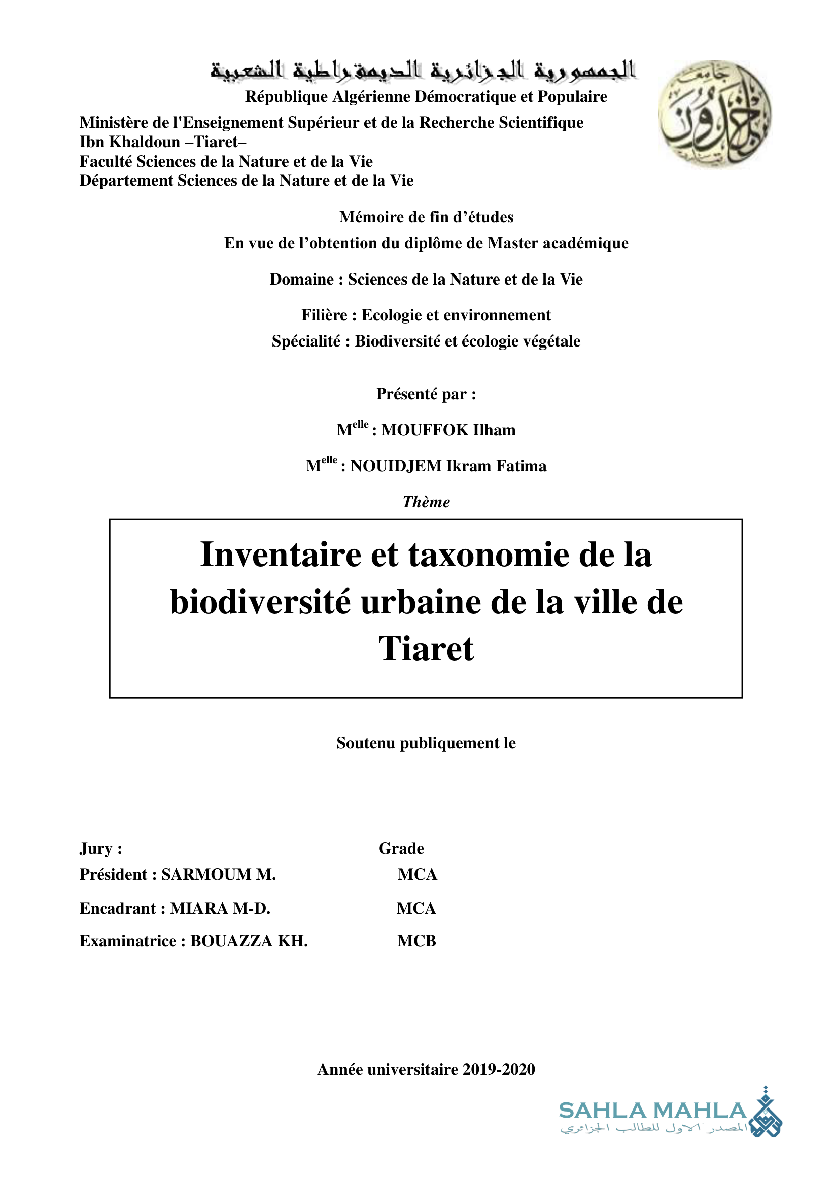 Inventaire et taxonomie de la biodiversité urbaine de la ville de Tiaret