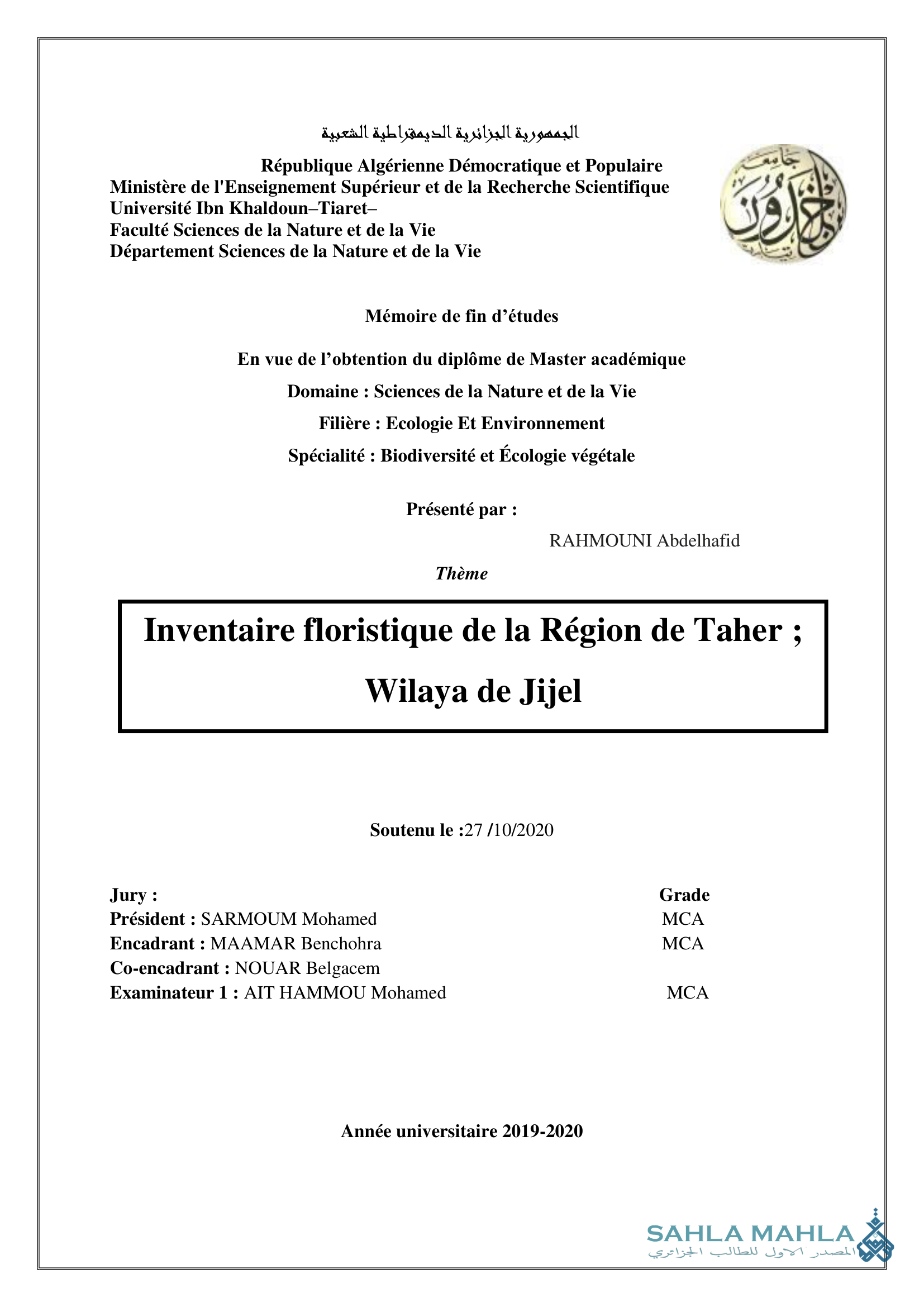 Inventaire floristique de la Région de Taher ; Wilaya de Jijel