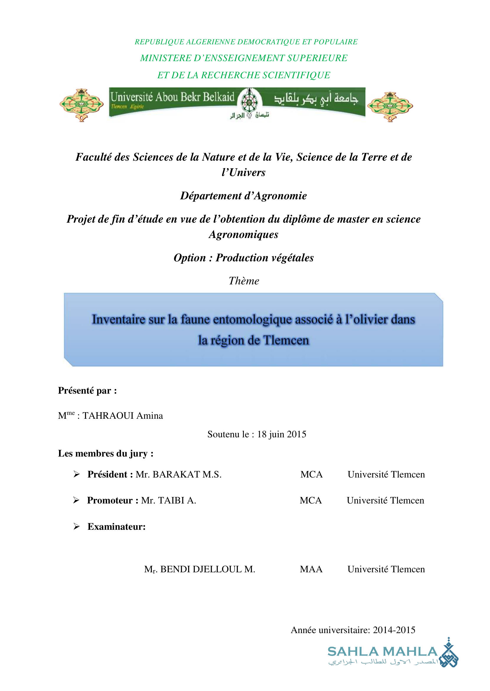 Inventaire sur la faune entomologique associé à l'olivier dans la région de Tlemcen