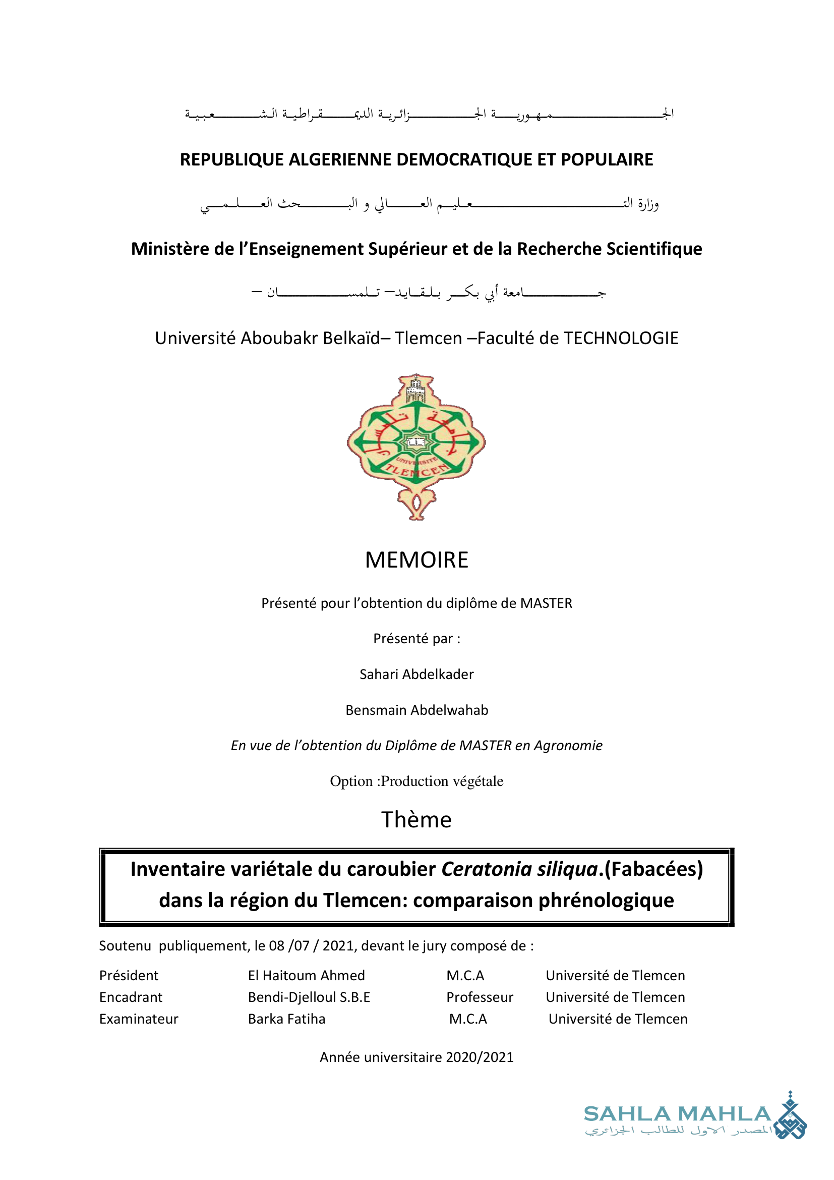Inventaire variétale du caroubier Ceratonia siliqua.(Fabacées) dans la région du Tlemcen: comparaison phrénologique