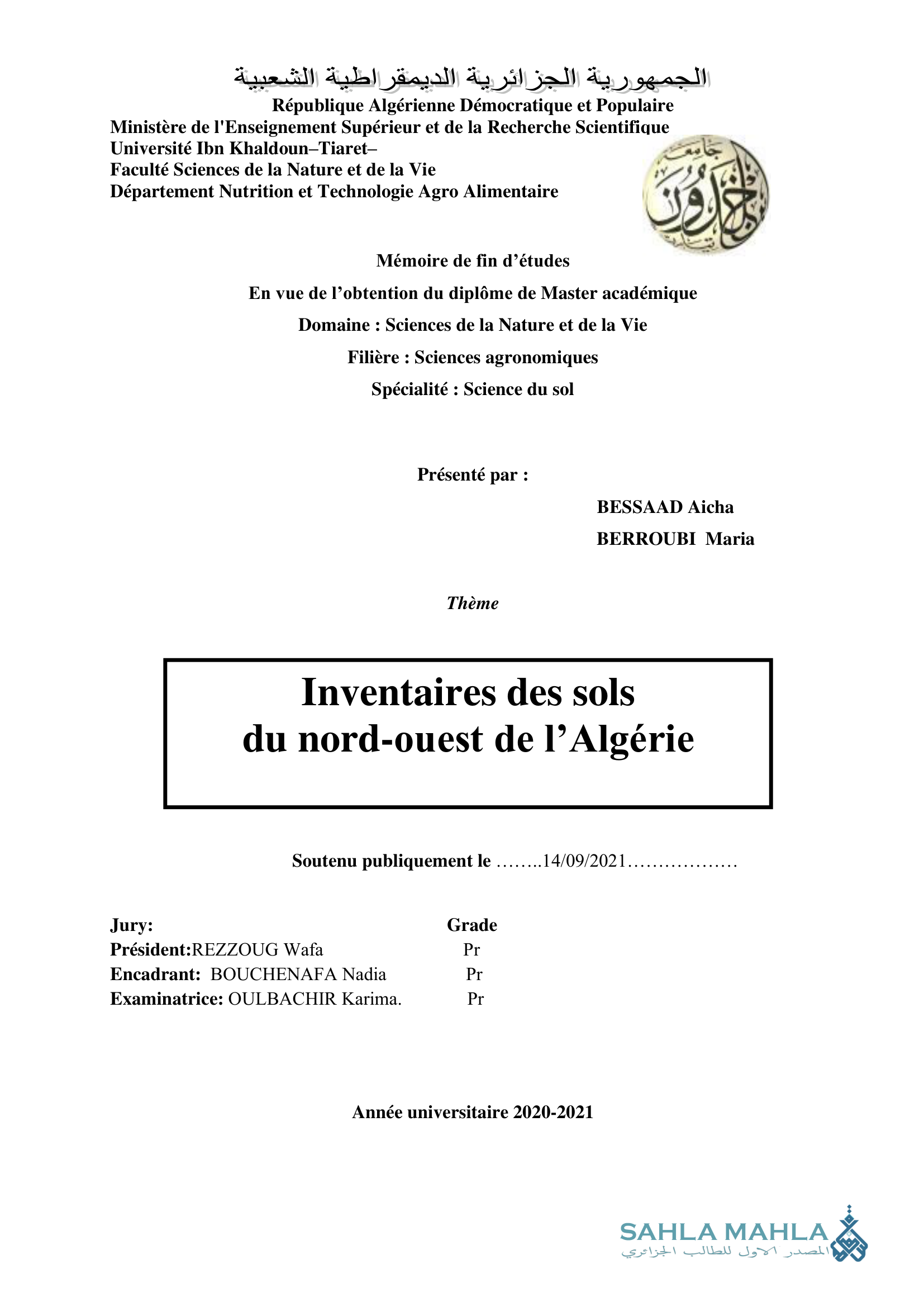 Inventaires des sols du nord-ouest de l'Algérie