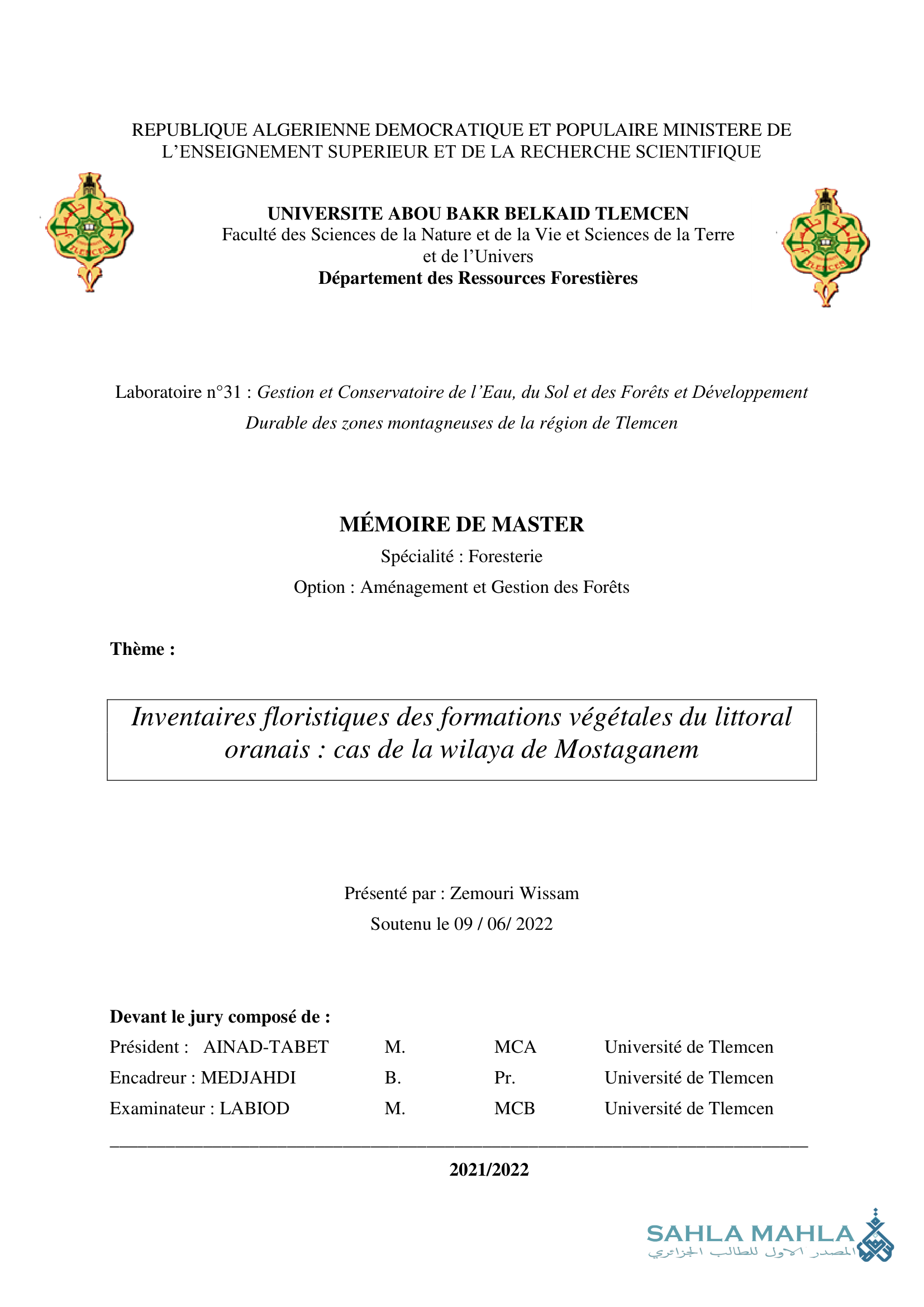 Inventaires floristiques des formations végétales du littoral oranais: cas de la wilaya de Mostaganem