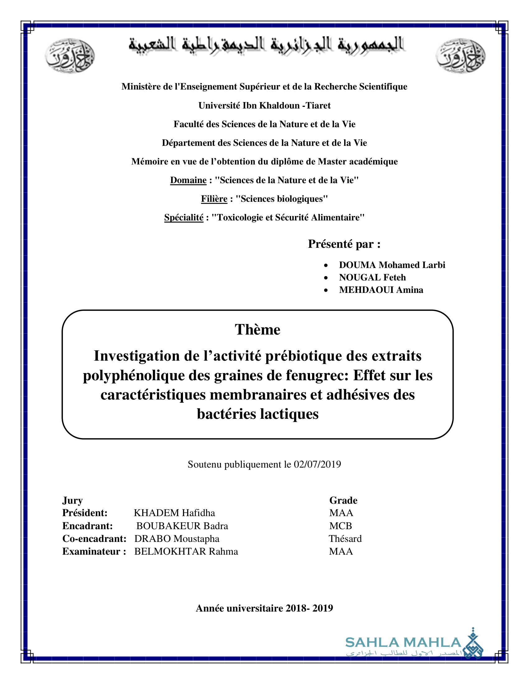 Investigation de l'activité prébiotique des extraits polyphénolique des graines de fenugrec: Effet sur les caractéristiques membranaires et adhésives des bactéries lactiques