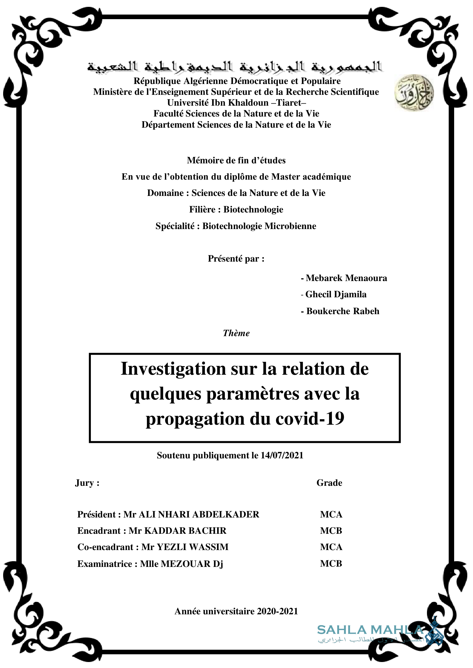 Investigation sur la relation de quelques paramètres avec la propagation du covid-19