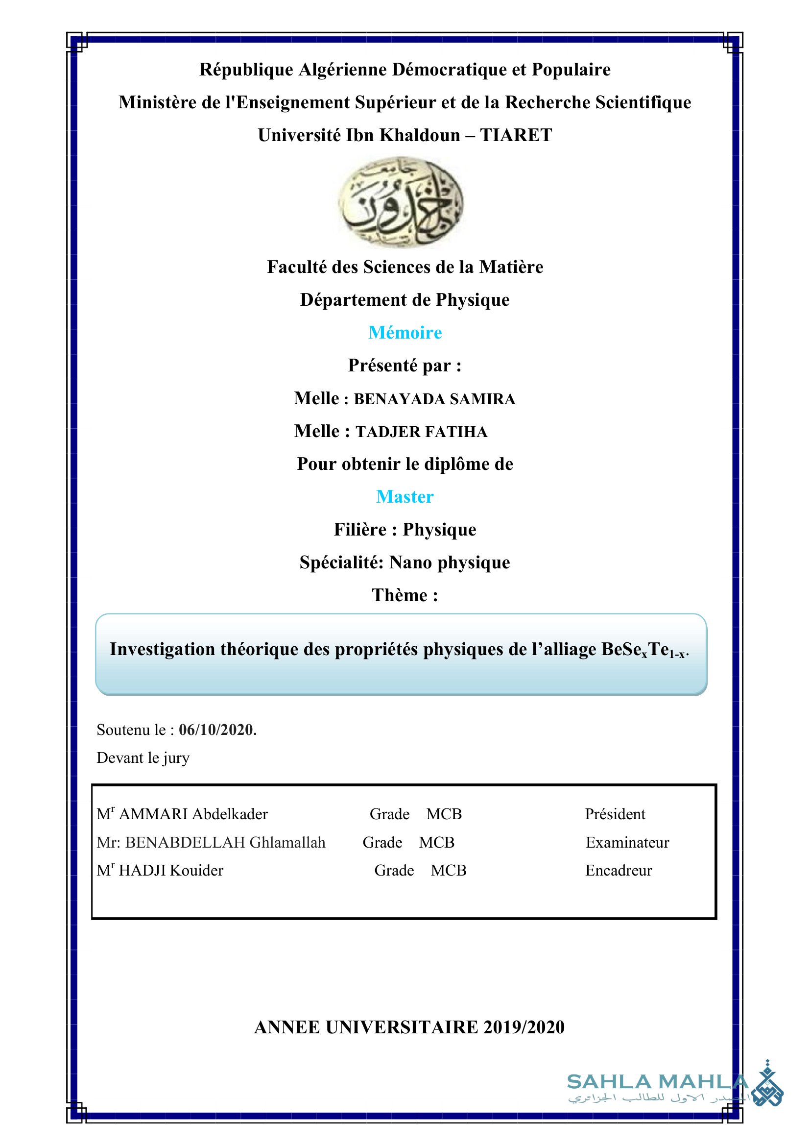 Investigation théorique des propriétés physiques de l'alliage BeSex Te1-x