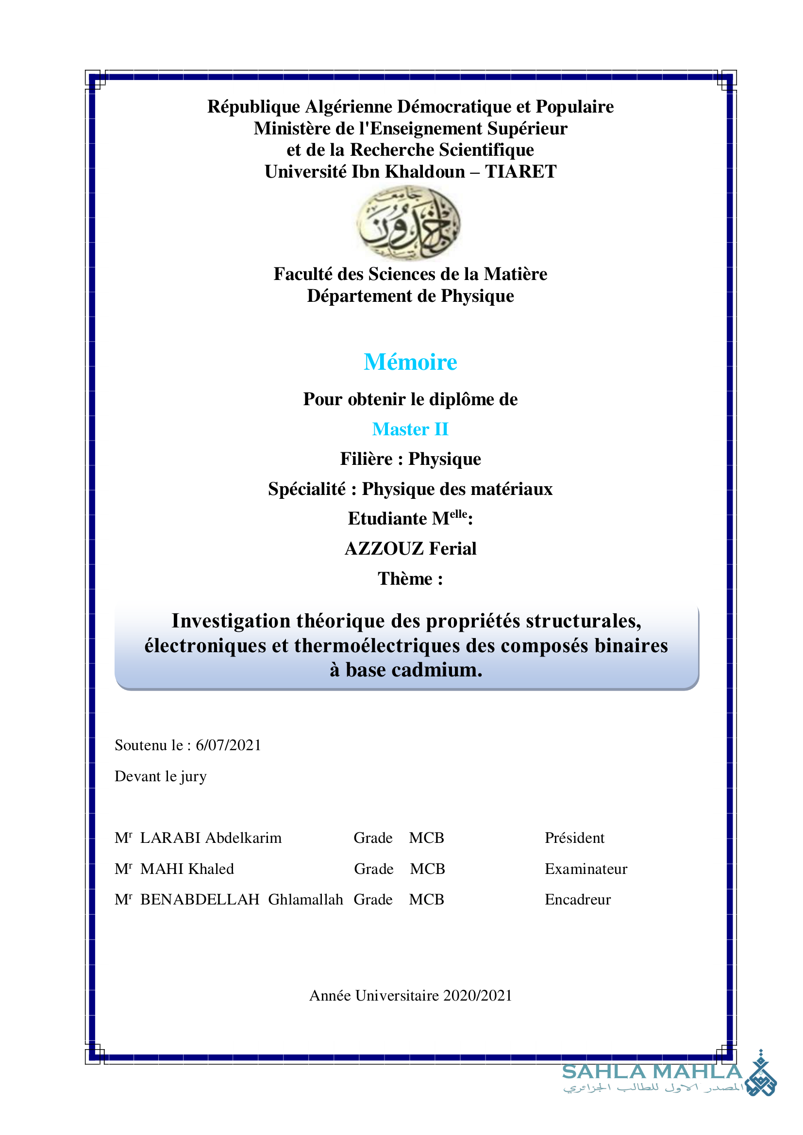 Investigation théorique des propriétés structurales, électroniques et thermoélectriques des composés binaires à base cadmium.