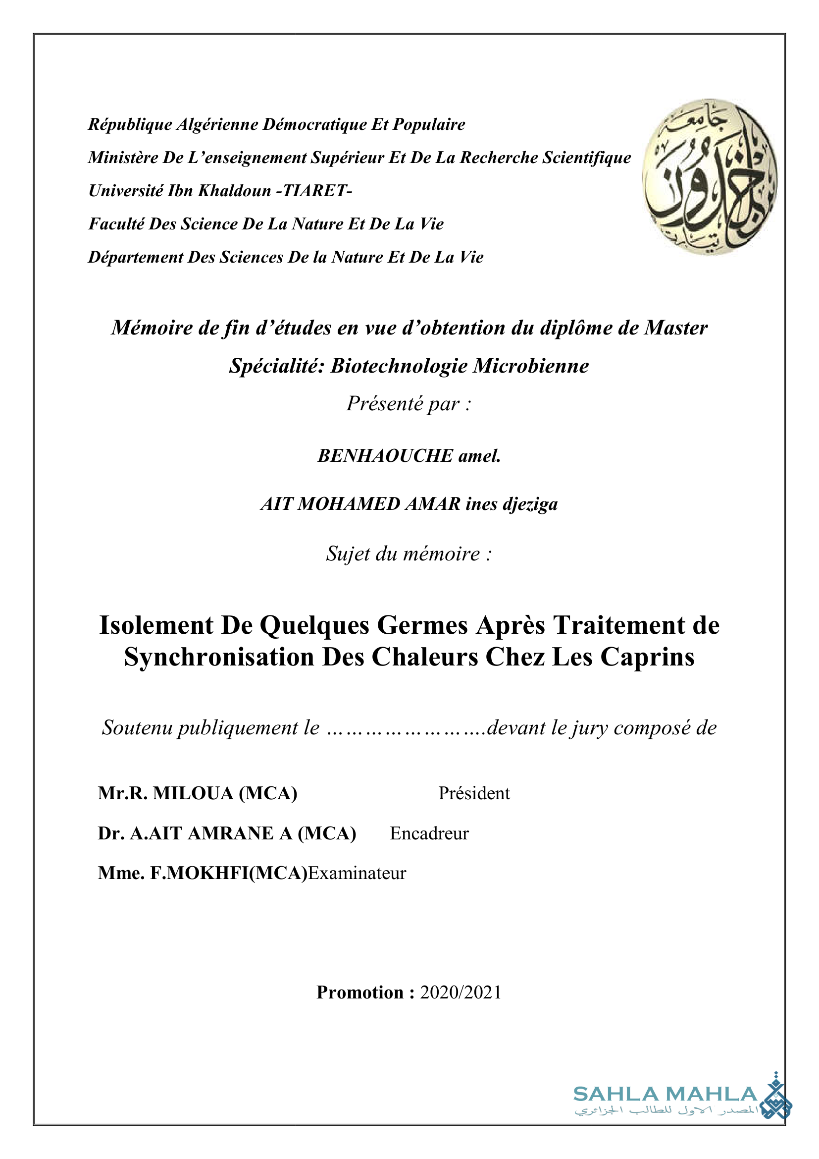 Isolement De Quelques Germes Après Traitement de Synchronisation Des Chaleurs Chez Les Caprins