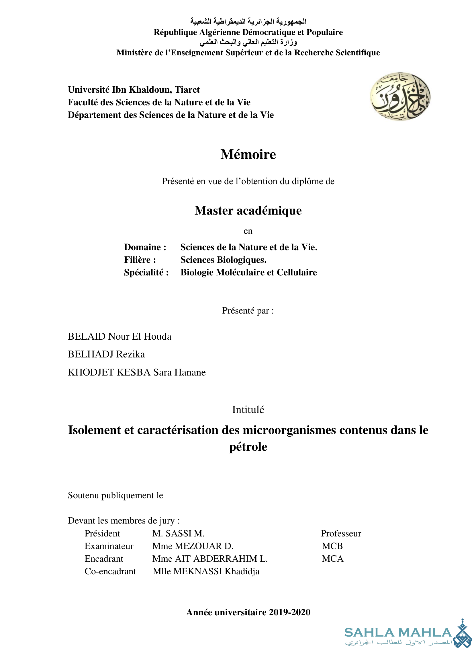 Isolement et caractérisation des microorganismes contenus dans le pétrole