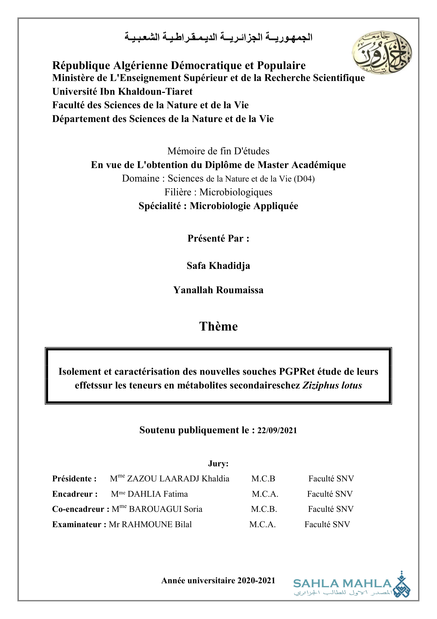 Isolement et caractérisation des nouvelles souches PGPR et étude de leurs effetssur les teneurs en métabolites secondaires chez Ziziphus lotus