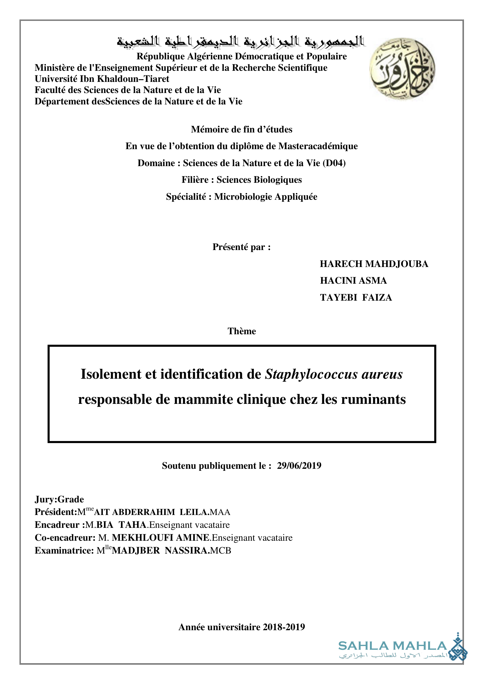 Isolement et identification de Staphylococcus aureus responsable de mammite clinique chez les ruminants