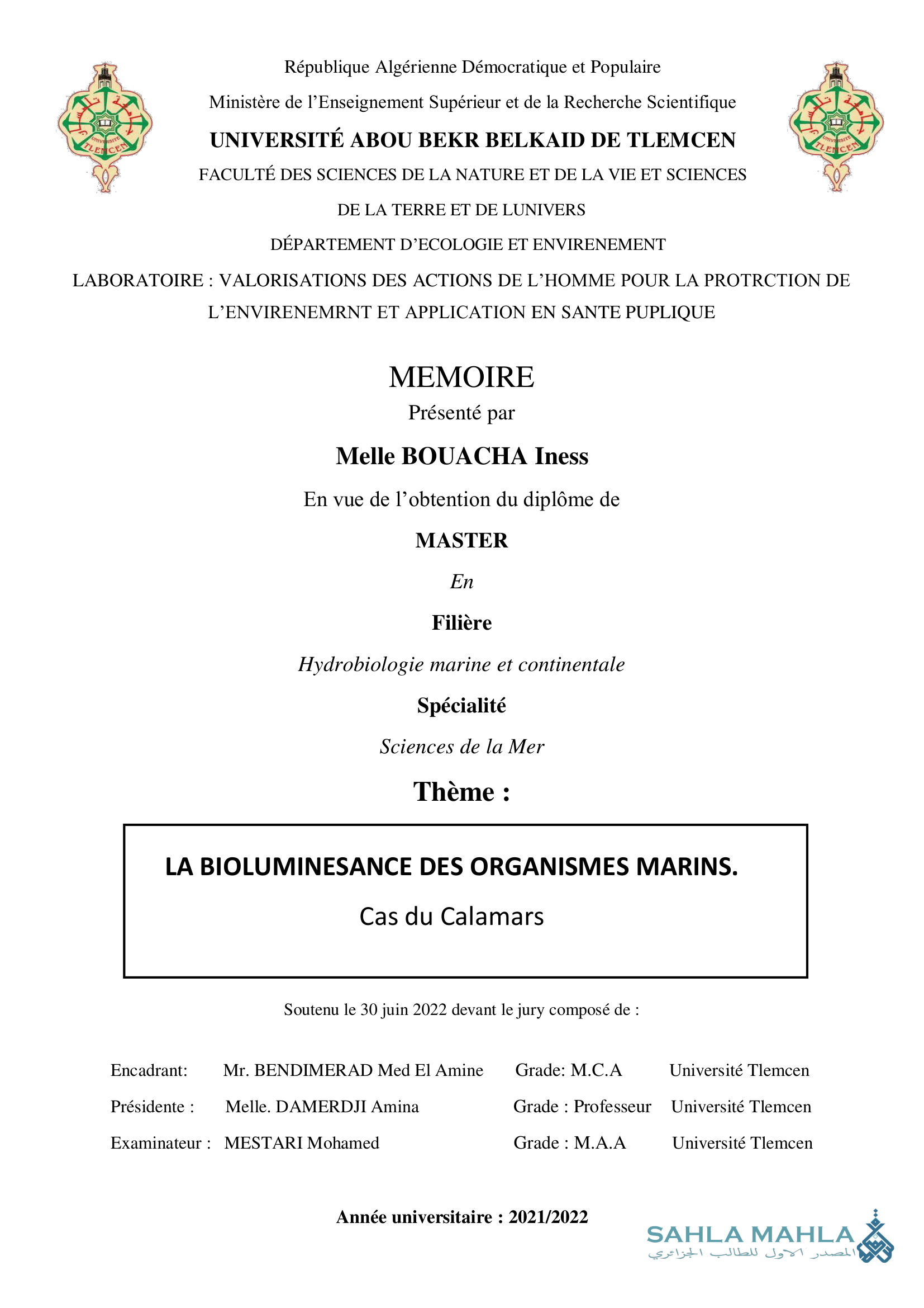 LA BIOLUMINESANCE DES ORGANISMES MARINS. Cas du Calamars