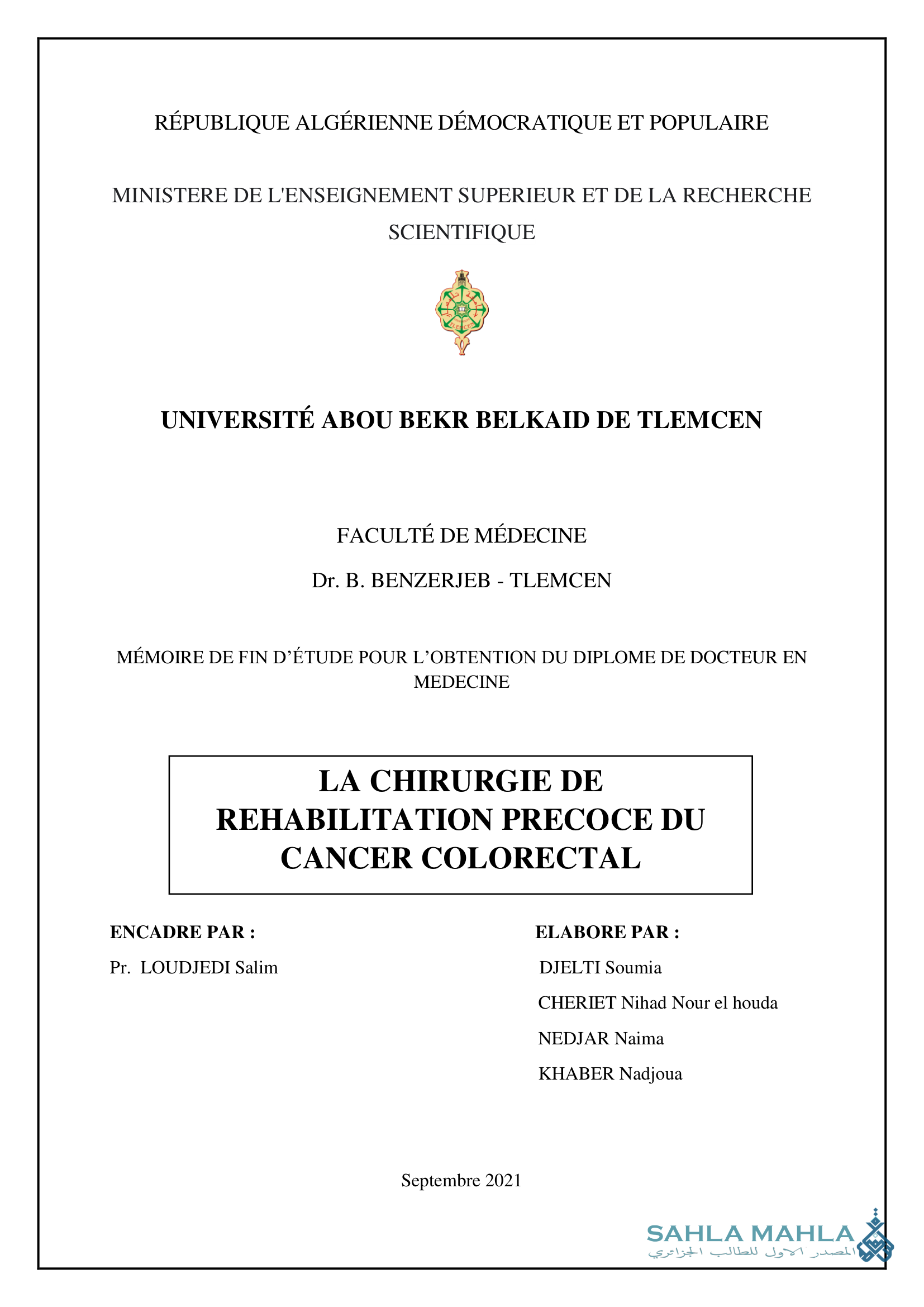 LA CHIRURGIE DE REHABILITATION PRECOCE DU CANCER COLORECTAL