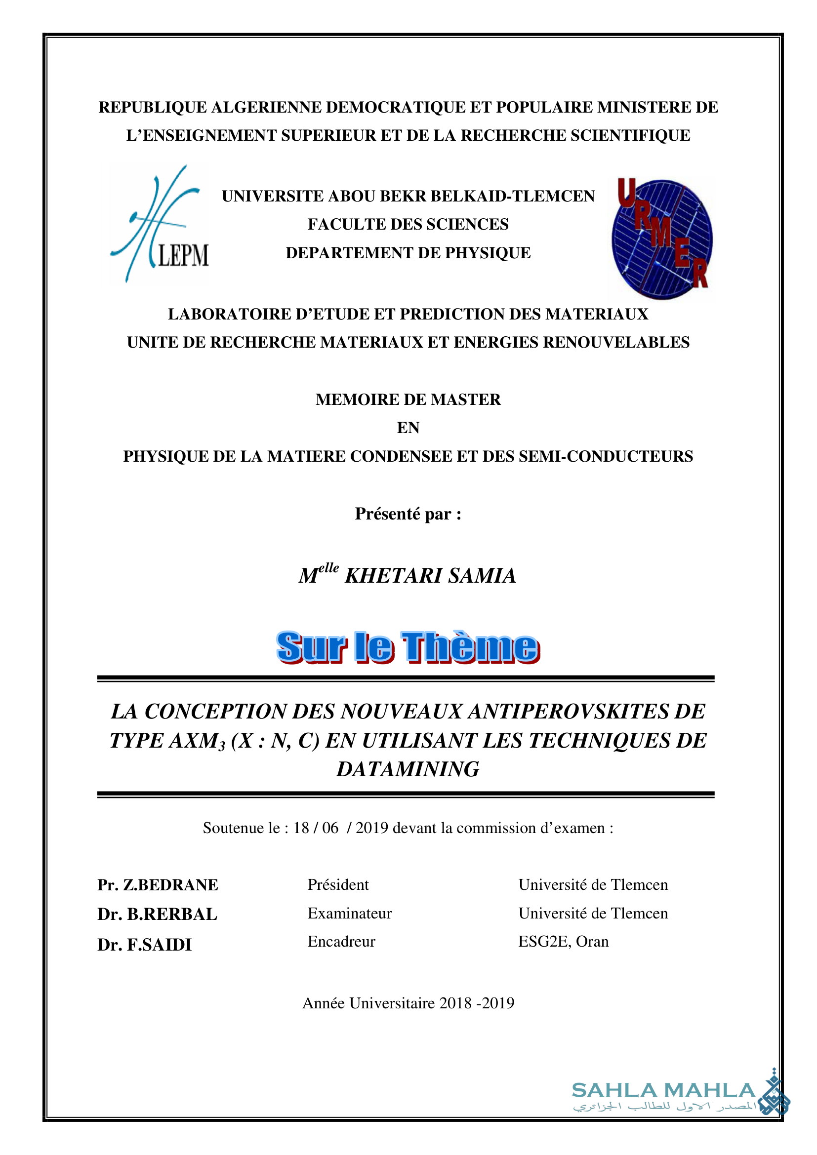 LA CONCEPTION DES NOUVEAUX ANTIPEROVSKITES DE TYPE AXM3 (X: N, C) EN UTILISANT LES TECHNIQUES DE DATAMINING