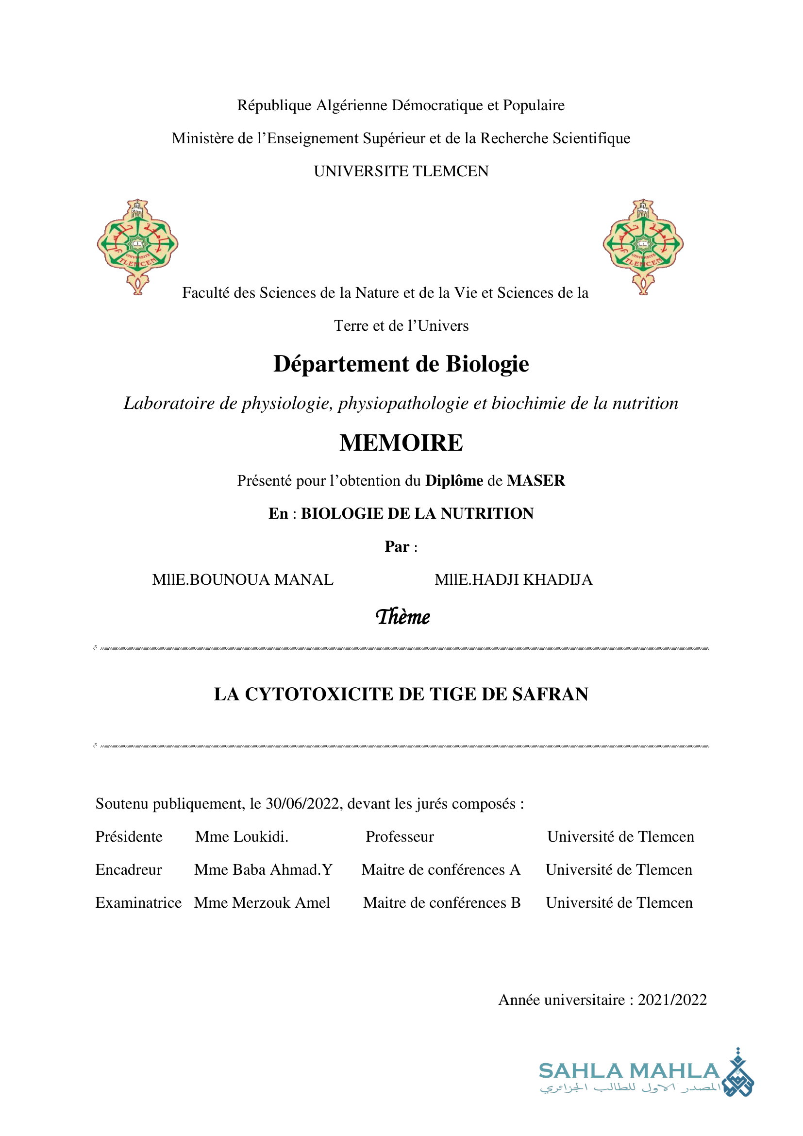 LA CYTOTOXICITE DE TIGE DE SAFRAN