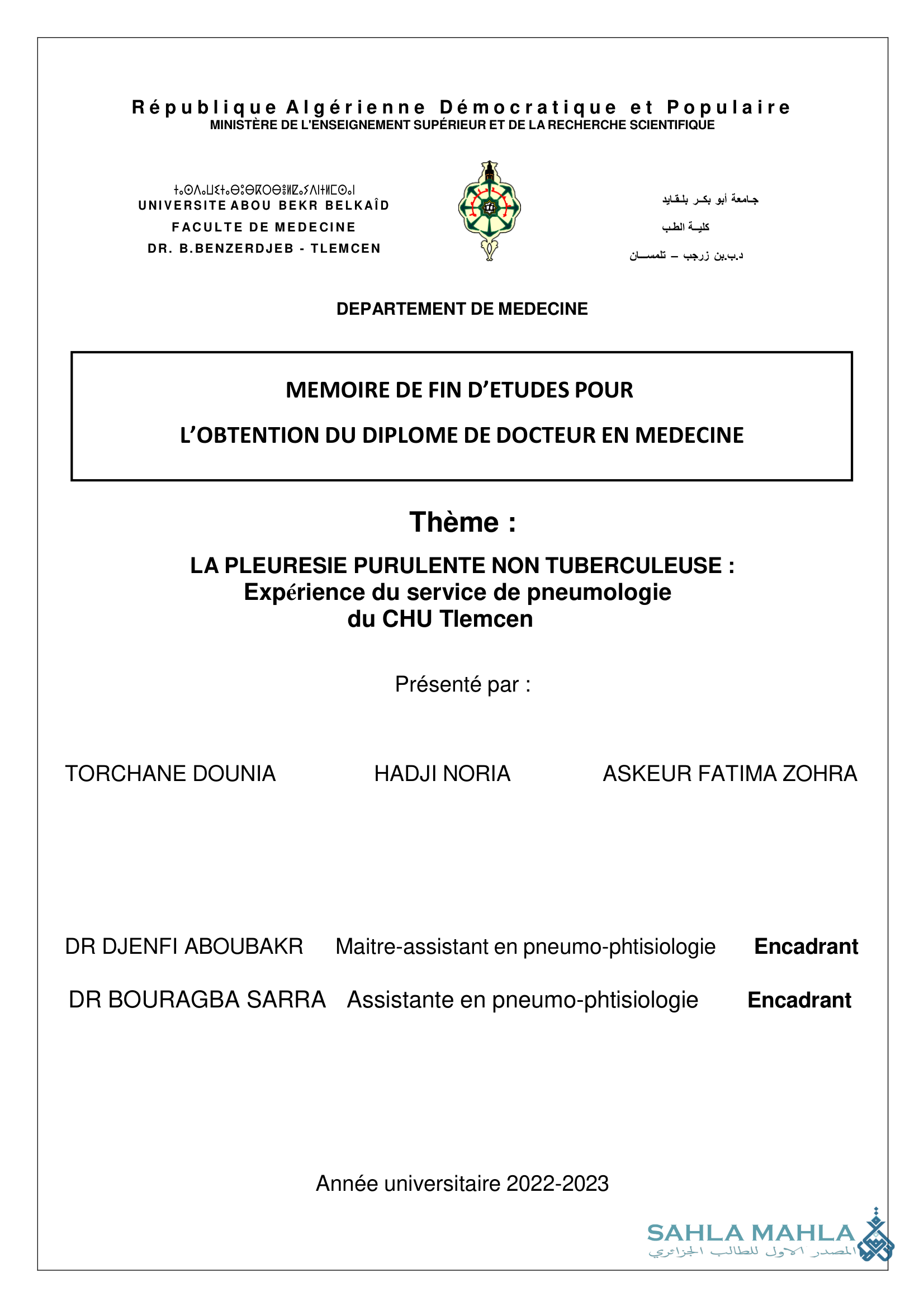 LA PLEURESIE PURULENTE NON TUBERCULEUSE: Expérience du service de pneumologie du CHU Tlemcen