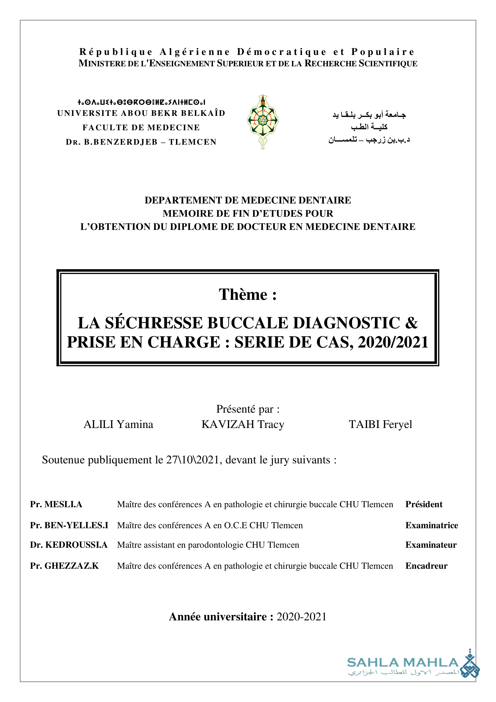 LA SÉCHRESSE BUCCALE DIAGNOSTIC & PRISE EN CHARGE : SERIE DE CAS, 2020/2021