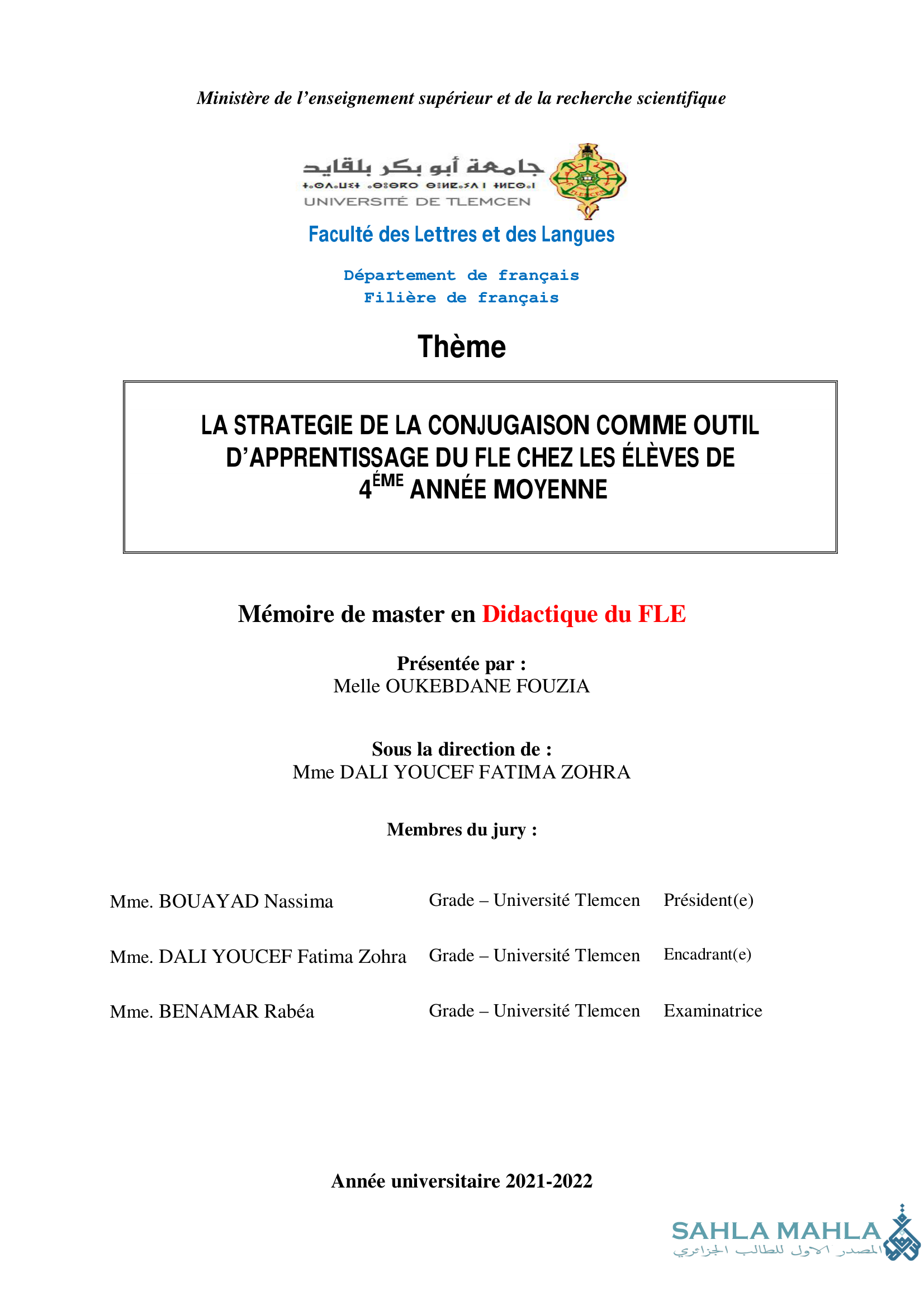 LA STRATEGIE DE LA CONJUGAISON COMME OUTIL D'APPRENTISSAGE DU FLE CHEZ LES ÉLÈVES DE 4ÈME ANNÉE MOYENNE
