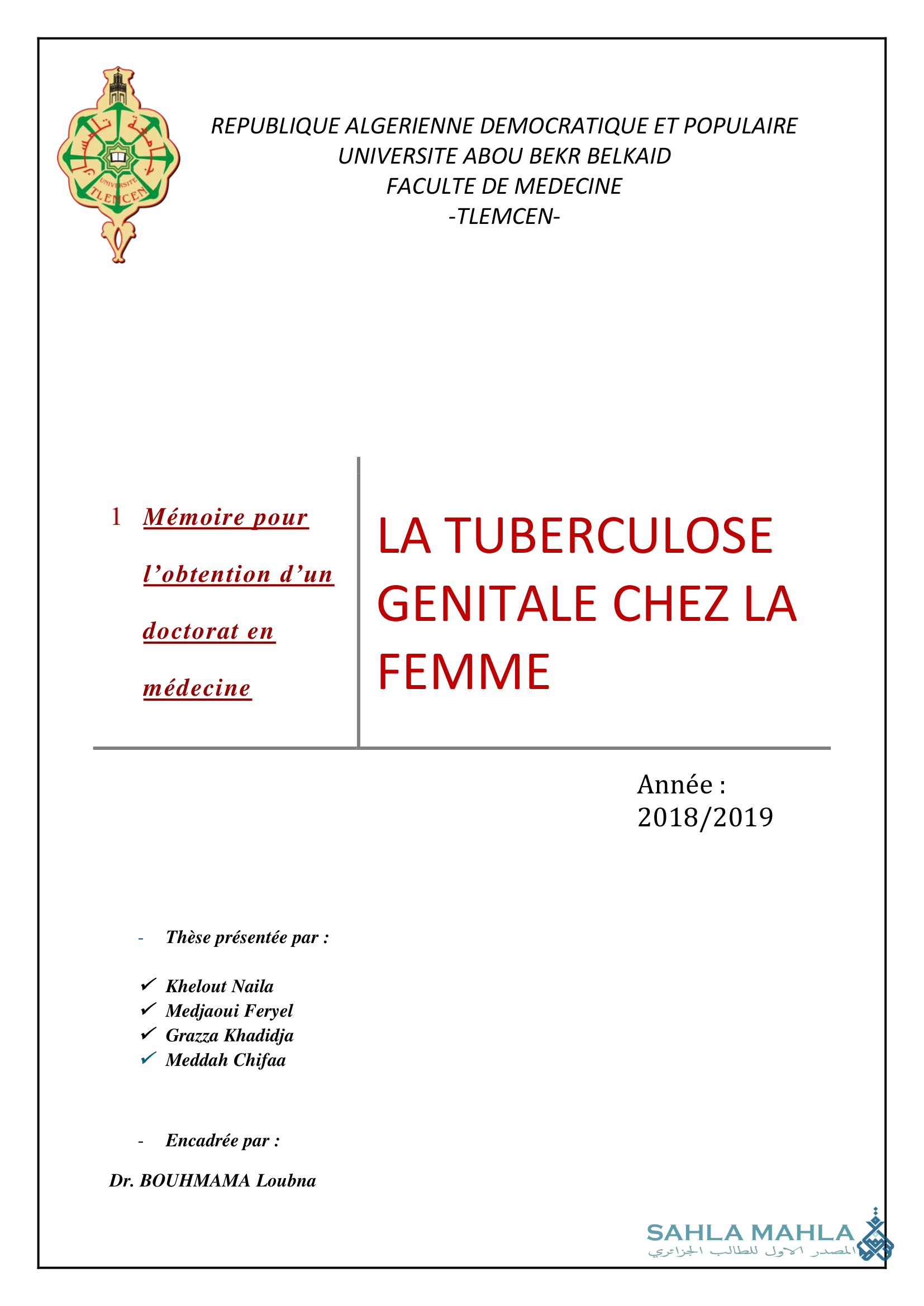 LA TUBERCULOSE GENITALE CHEZ LA FEMME