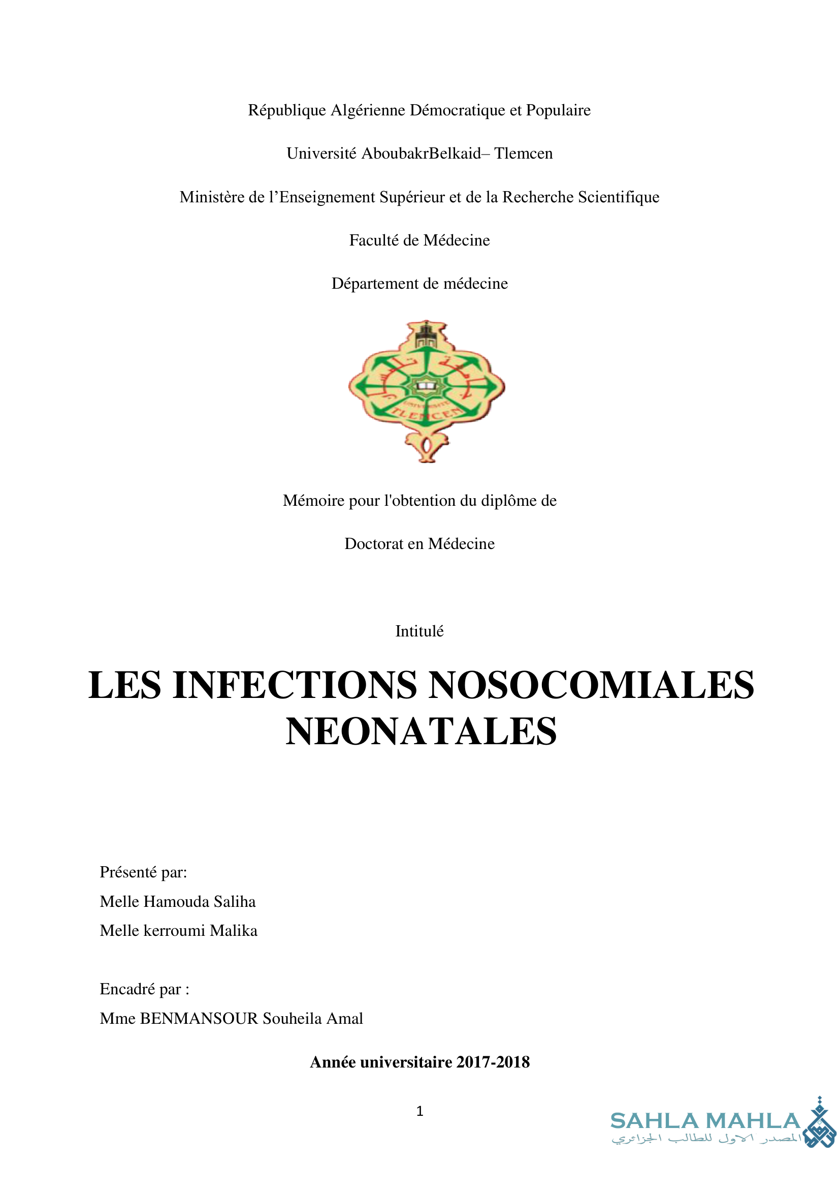 LES INFECTIONS NOSOCOMIALES NEONATALES