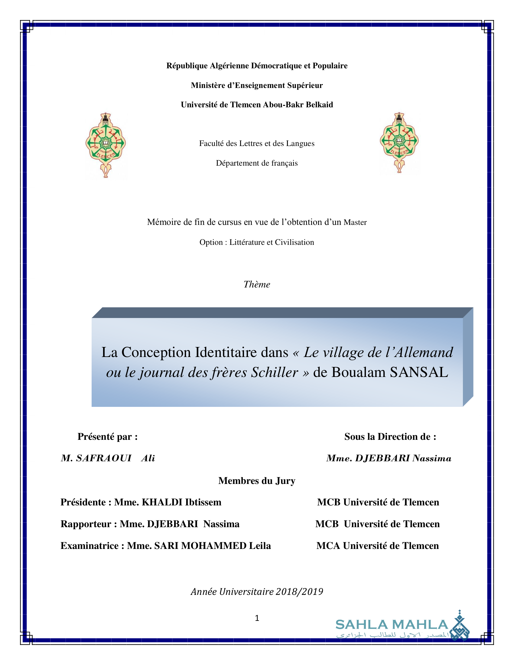 La Conception Identitaire dans « Le village de l'Allemand ou le journal des frères Schiller » de Boualam SANSAL