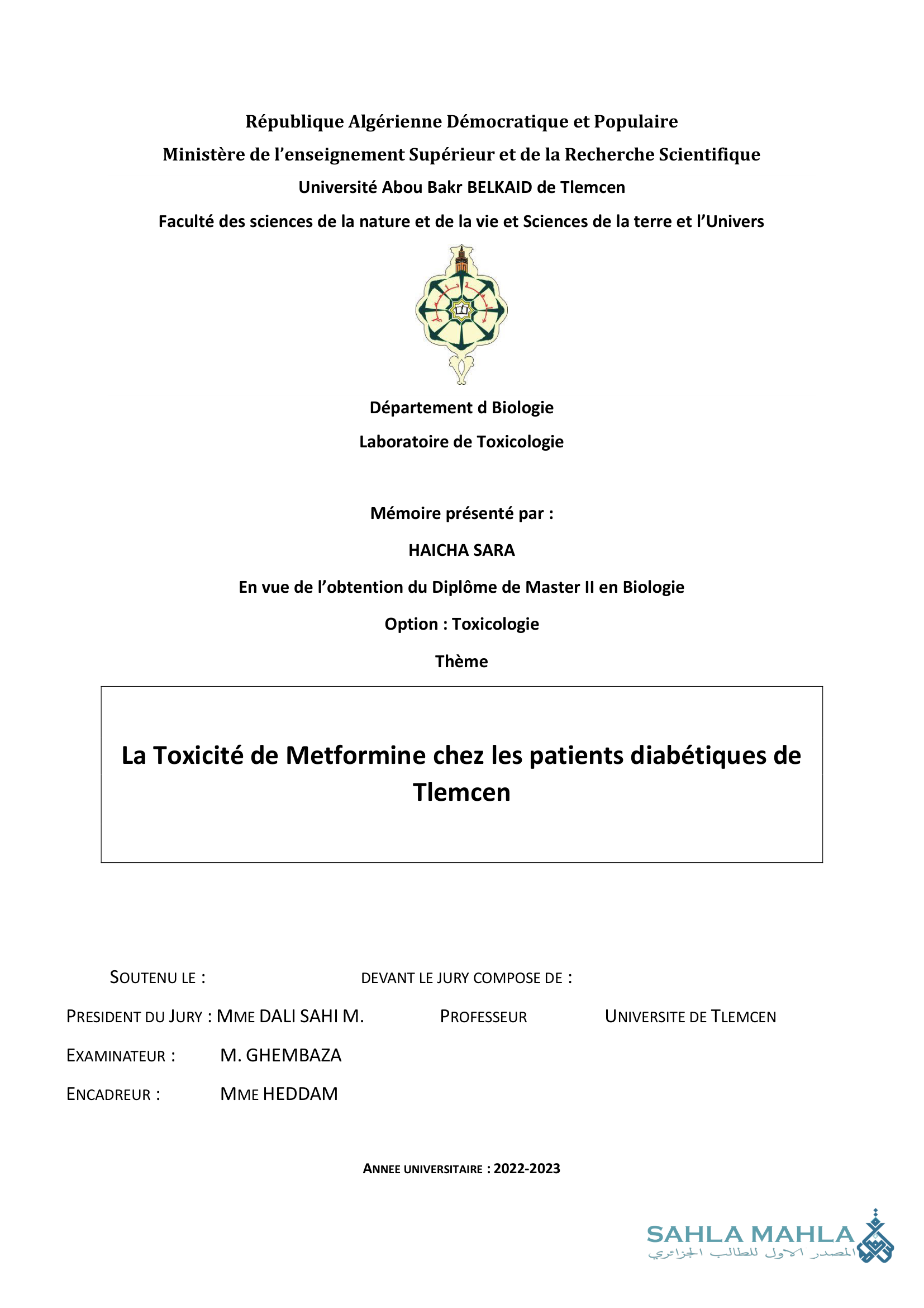 La Toxicité de Metformine chez les patients diabétiques de Tlemcen