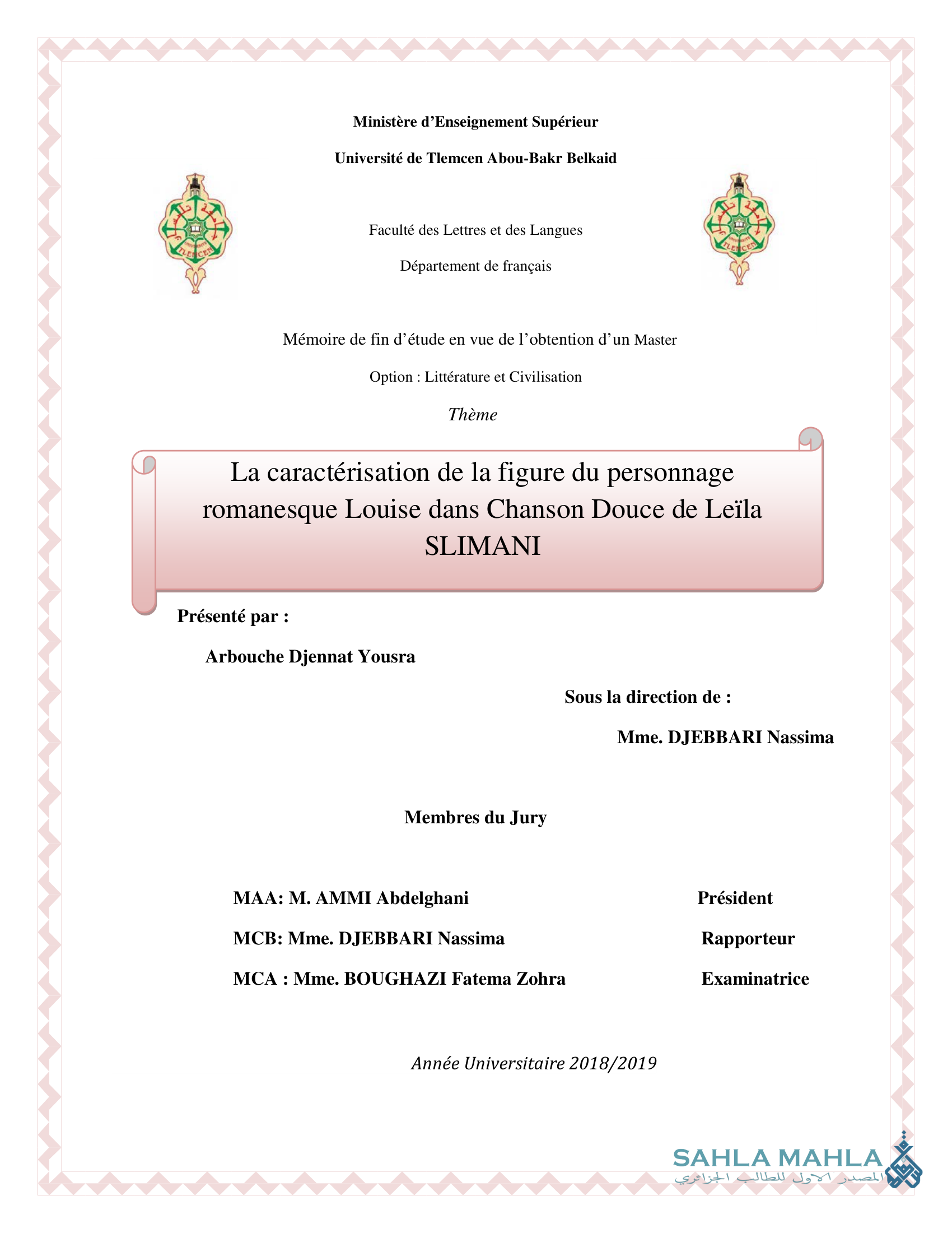 La caractérisation de la figure du personnage romanesque Louise dans Chanson Douce de Leïla SLIMANI