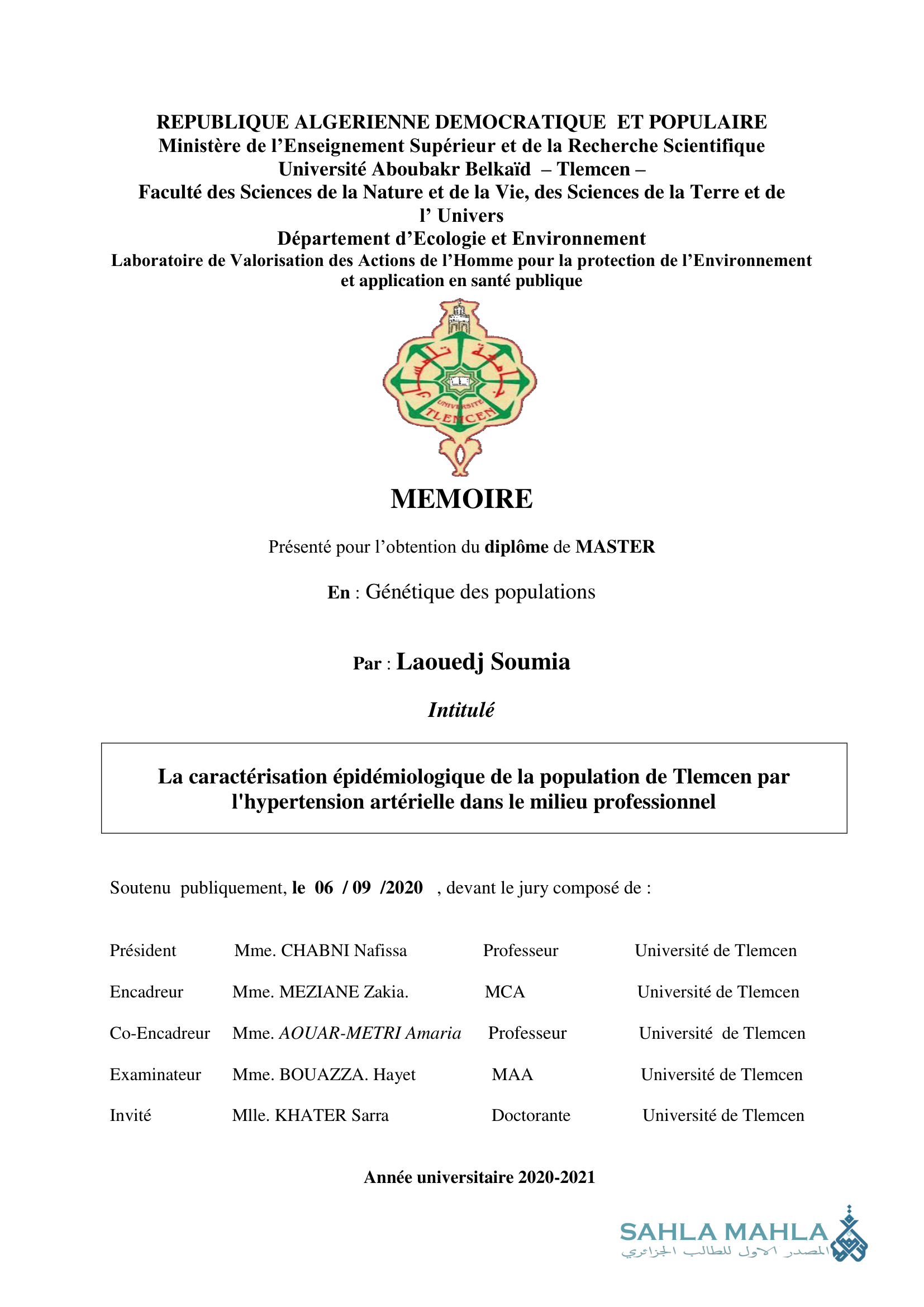 La caractérisation épidémiologique de la population de Tlemcen par l'hypertension artérielle dans le milieu professionnel