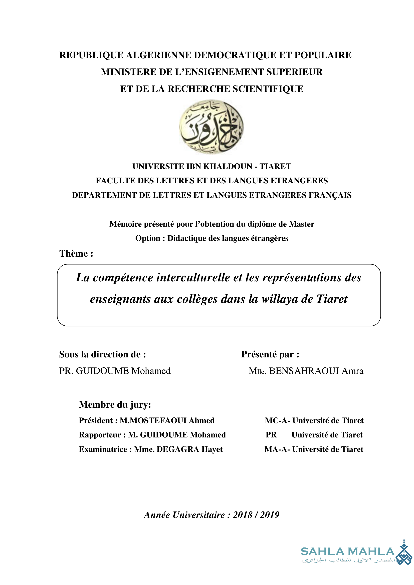 La compétence interculturelle et les représentations des enseignants aux collèges dans la willaya de Tiaret