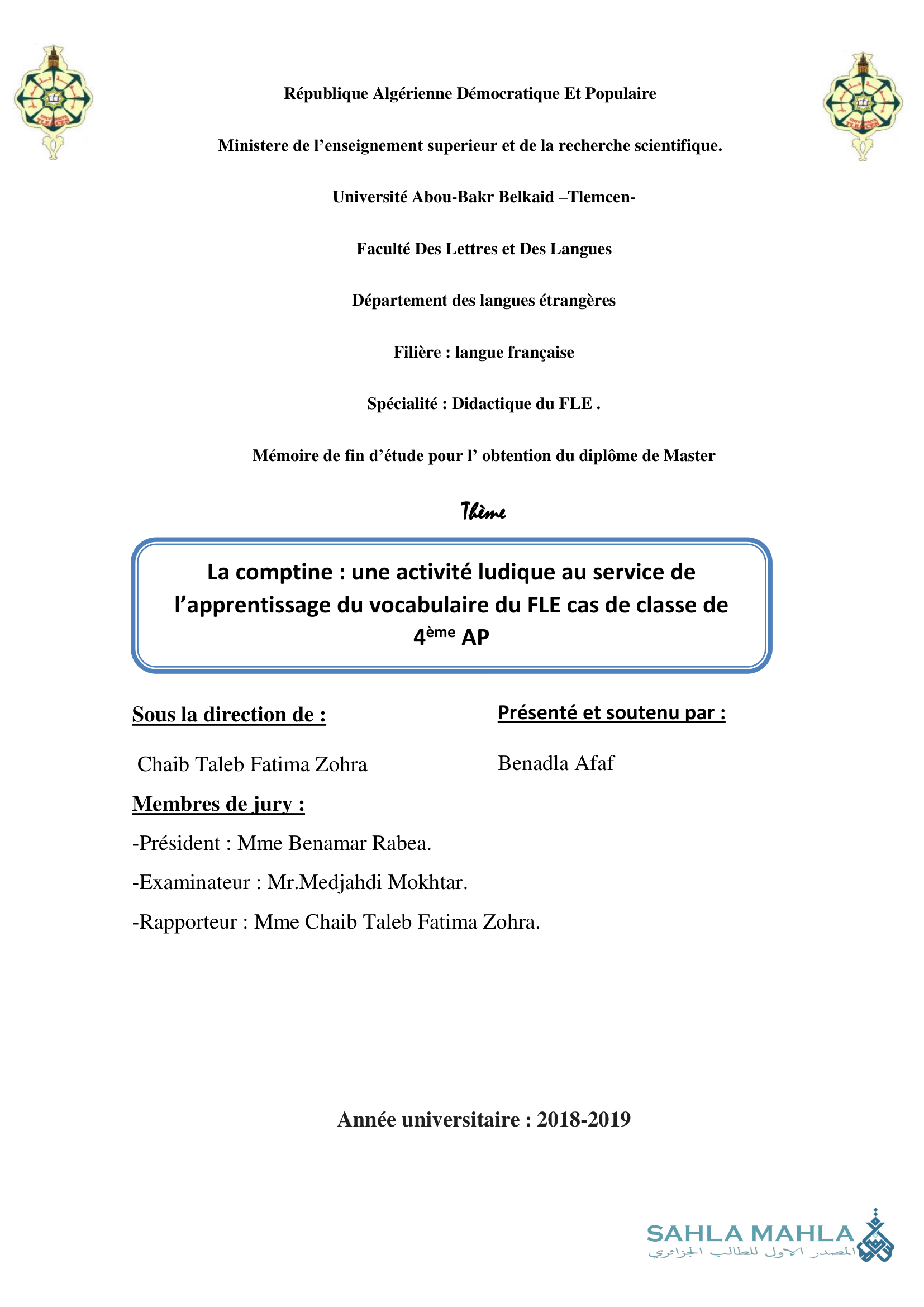 La comptine : une activité ludique au service de l'apprentissage du vocabulaire du FLE cas de classe de 4ème AP