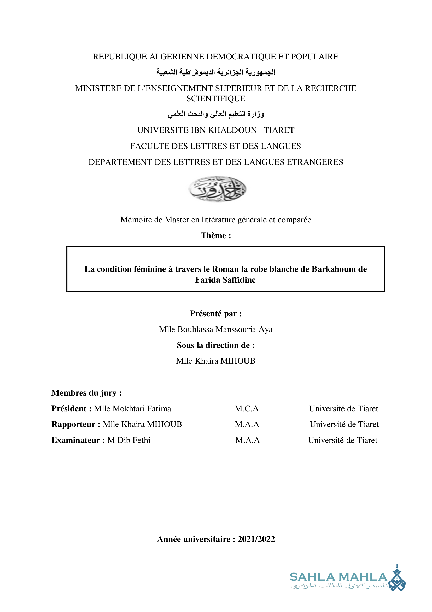 La condition féminine à travers le Roman la robe blanche de Barkahoum de Farida Saffidine