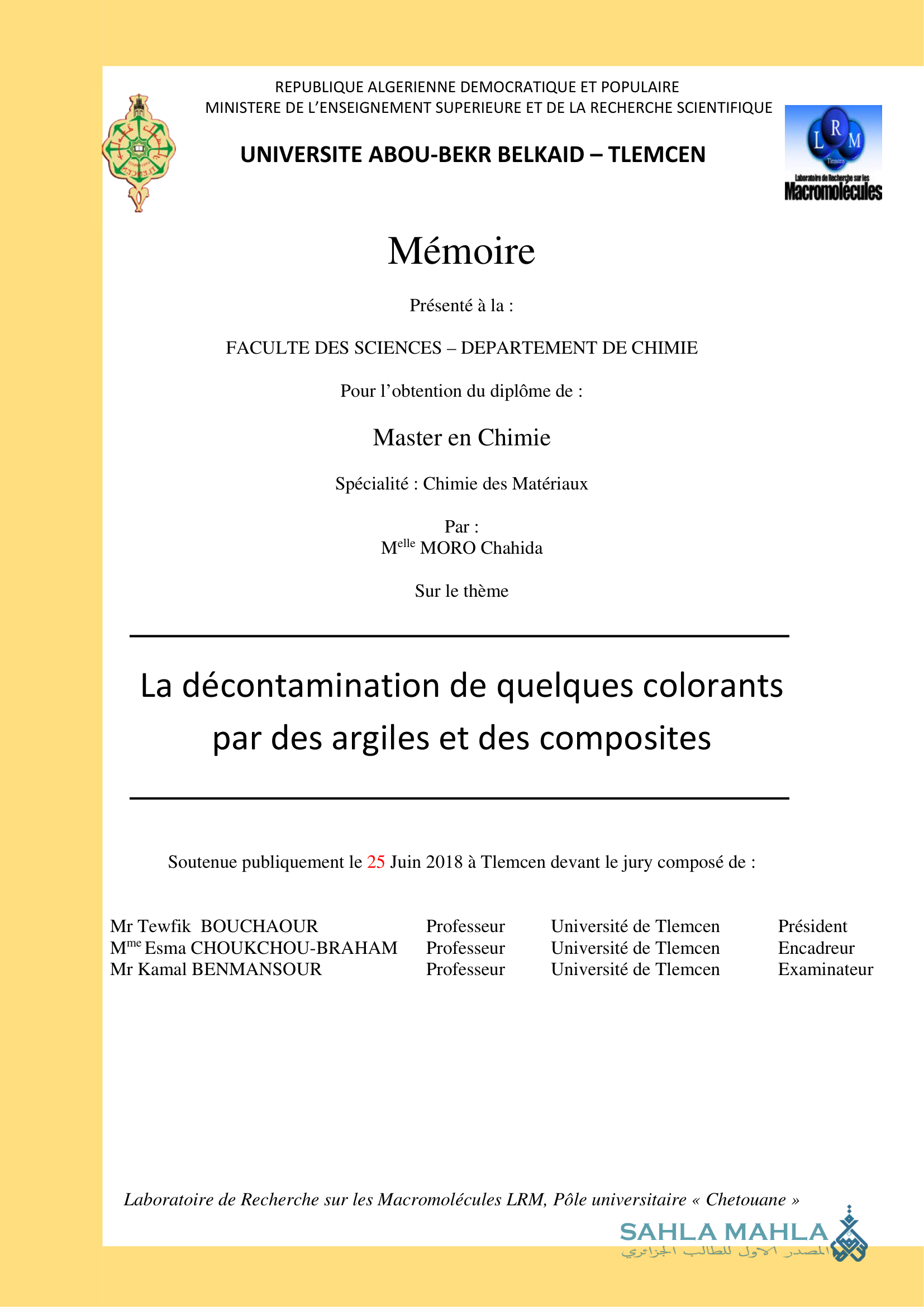 La décontamination de quelques colorants par des argiles et des composites