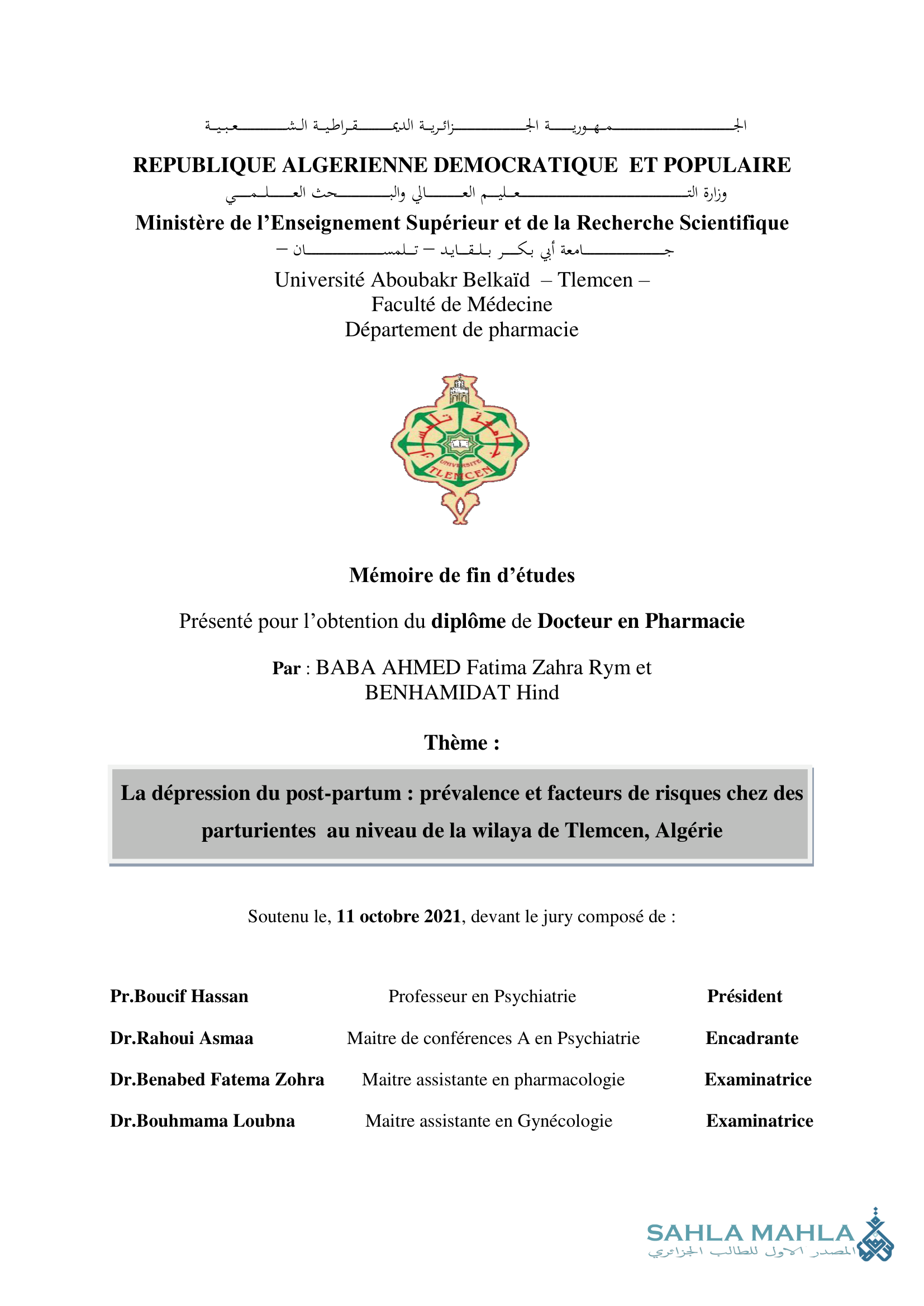 La dépression du post-partum : prévalence et facteurs de risques chez des parturientes au niveau de la wilaya de Tlemcen, Algérie