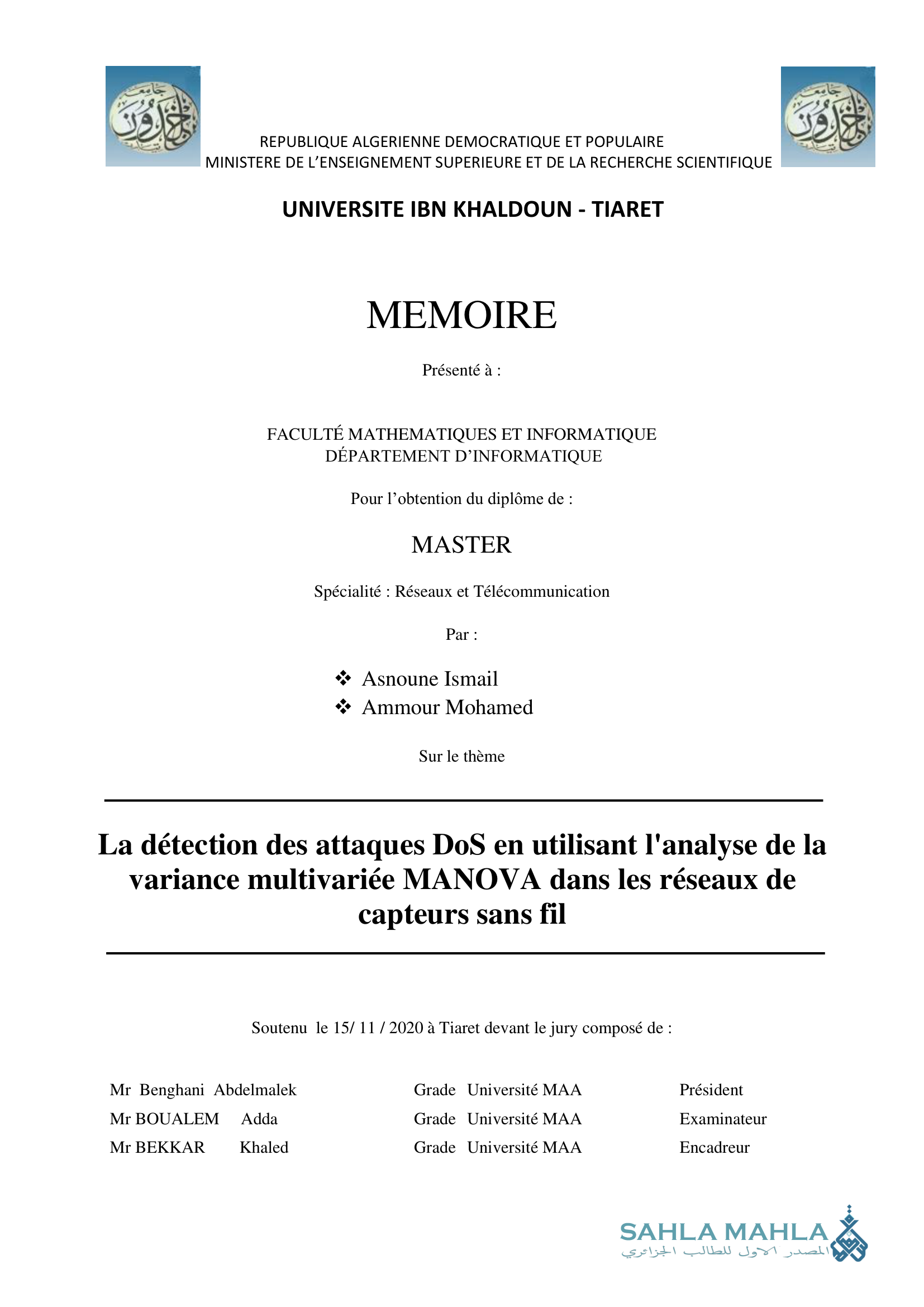 La détection des attaques DoS en utilisant l'analyse de la variance multivariée MANOVA dans les réseaux de capteurs sans fil