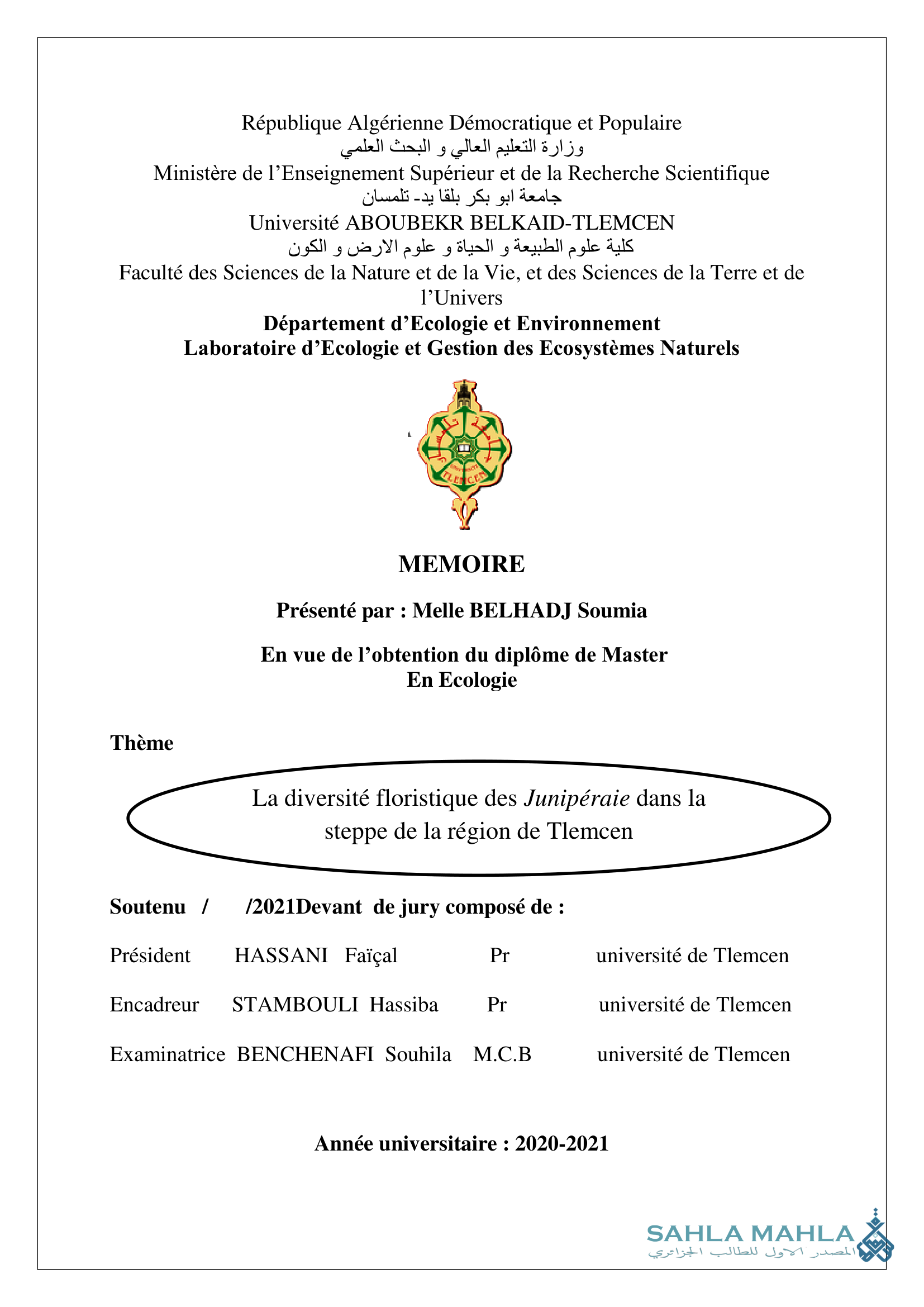 La diversité floristique des Junipéraie dans la steppe de la région de Tlemcen