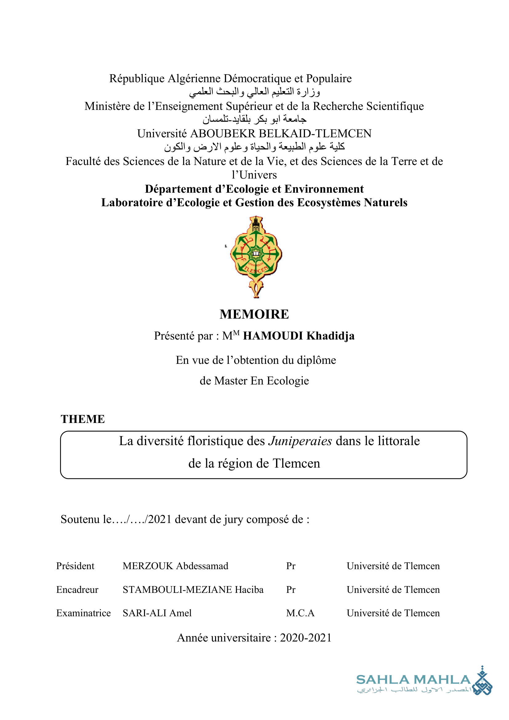 La diversité floristique des Juniperaies dans le littorale de la région de Tlemcen