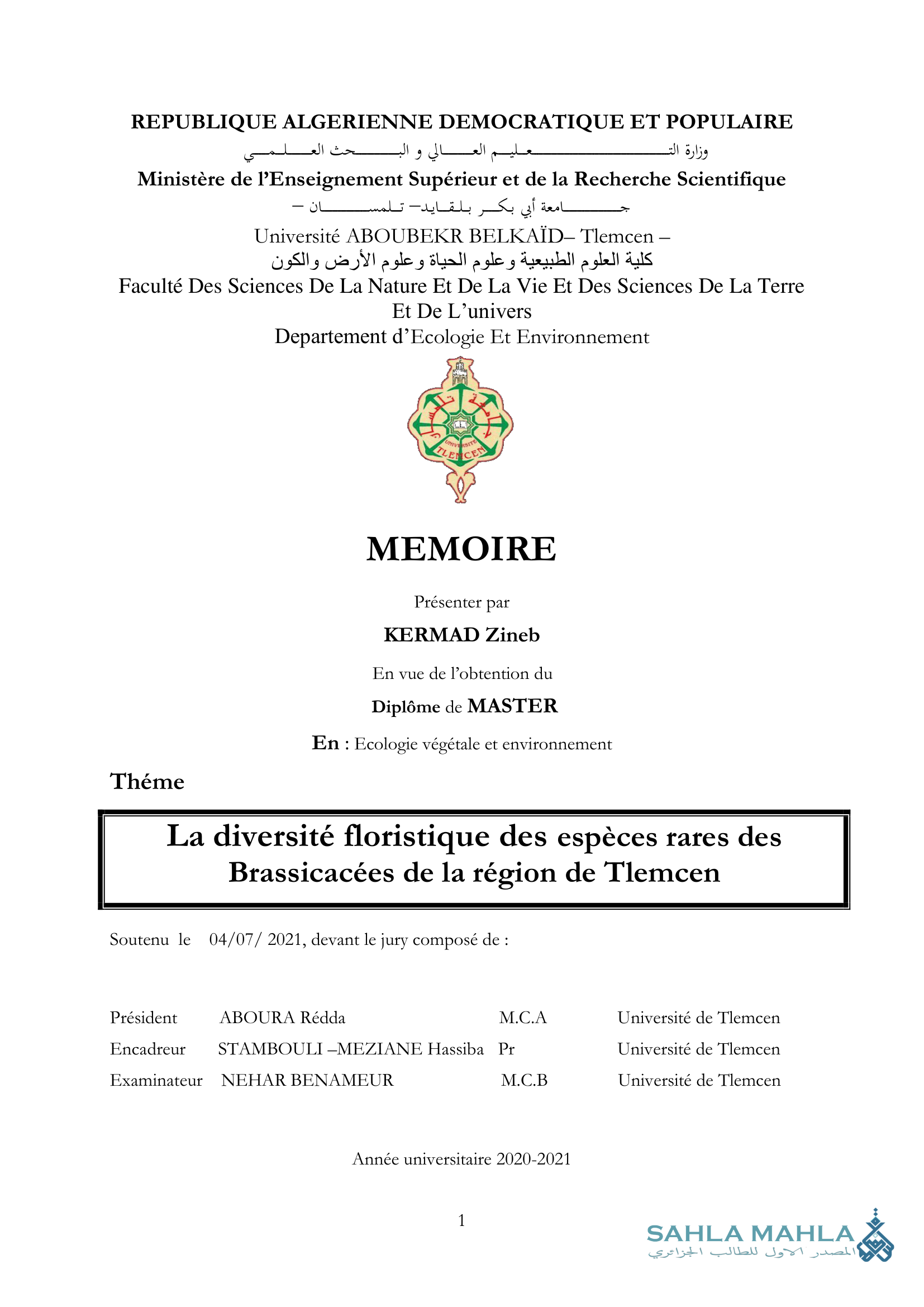 La diversité floristique des espèces rares des Brassicacées de la région de Tlemcen
