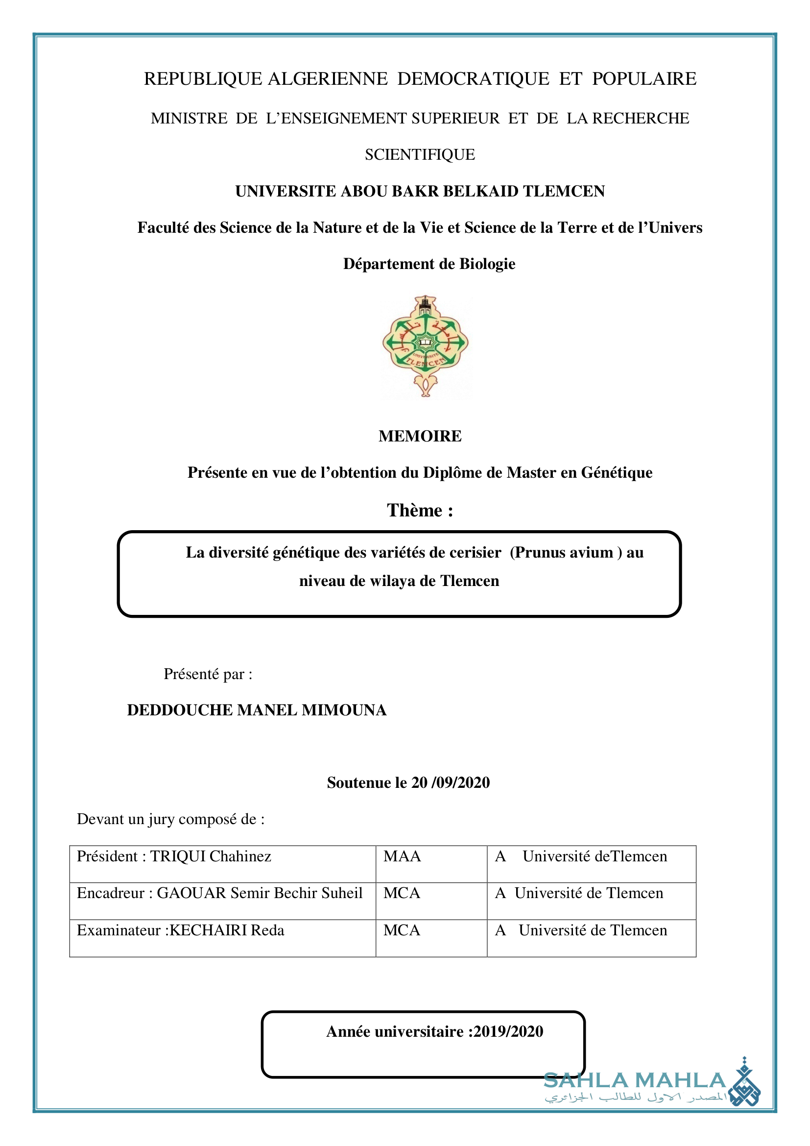 La diversité génétique des variétés de cerisier (Prunus avium) au niveau de wilaya de Tlemcen