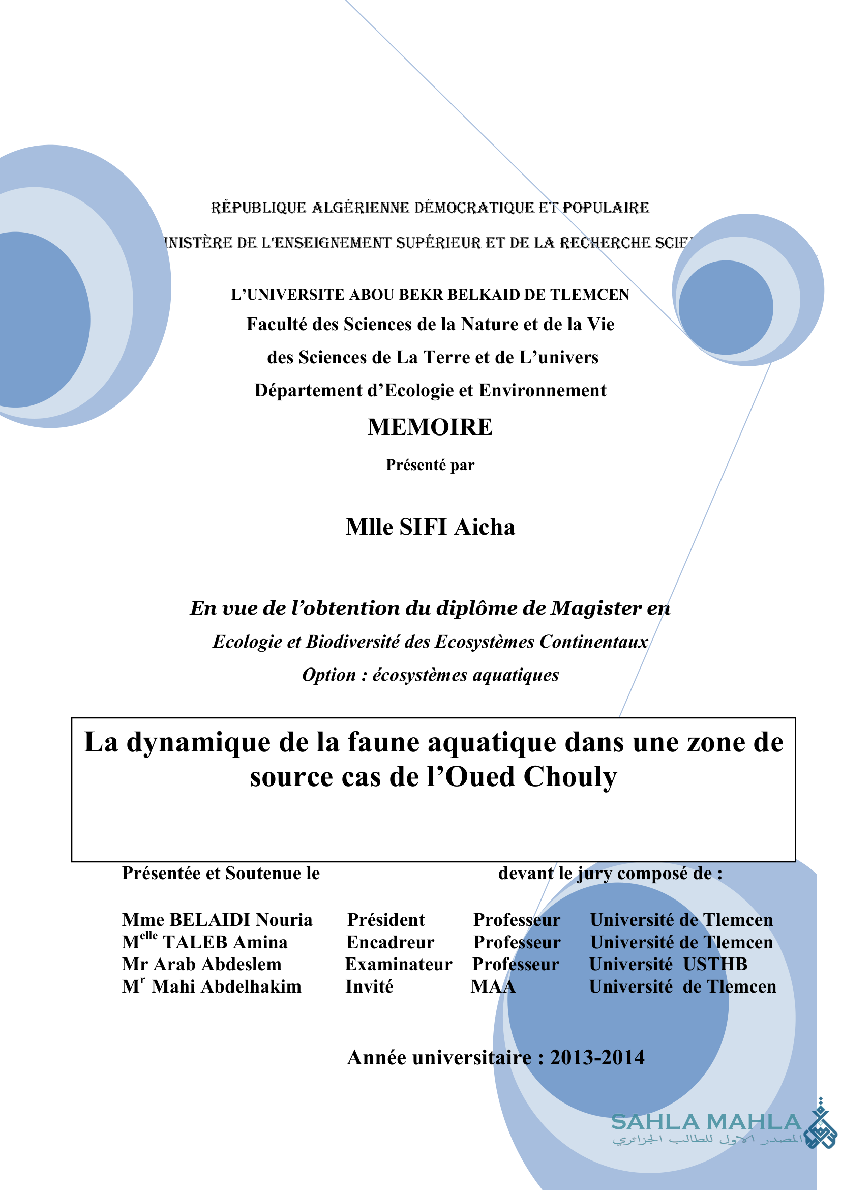La dynamique de la faune aquatique dans une zone de source cas de l'Oued Chouly