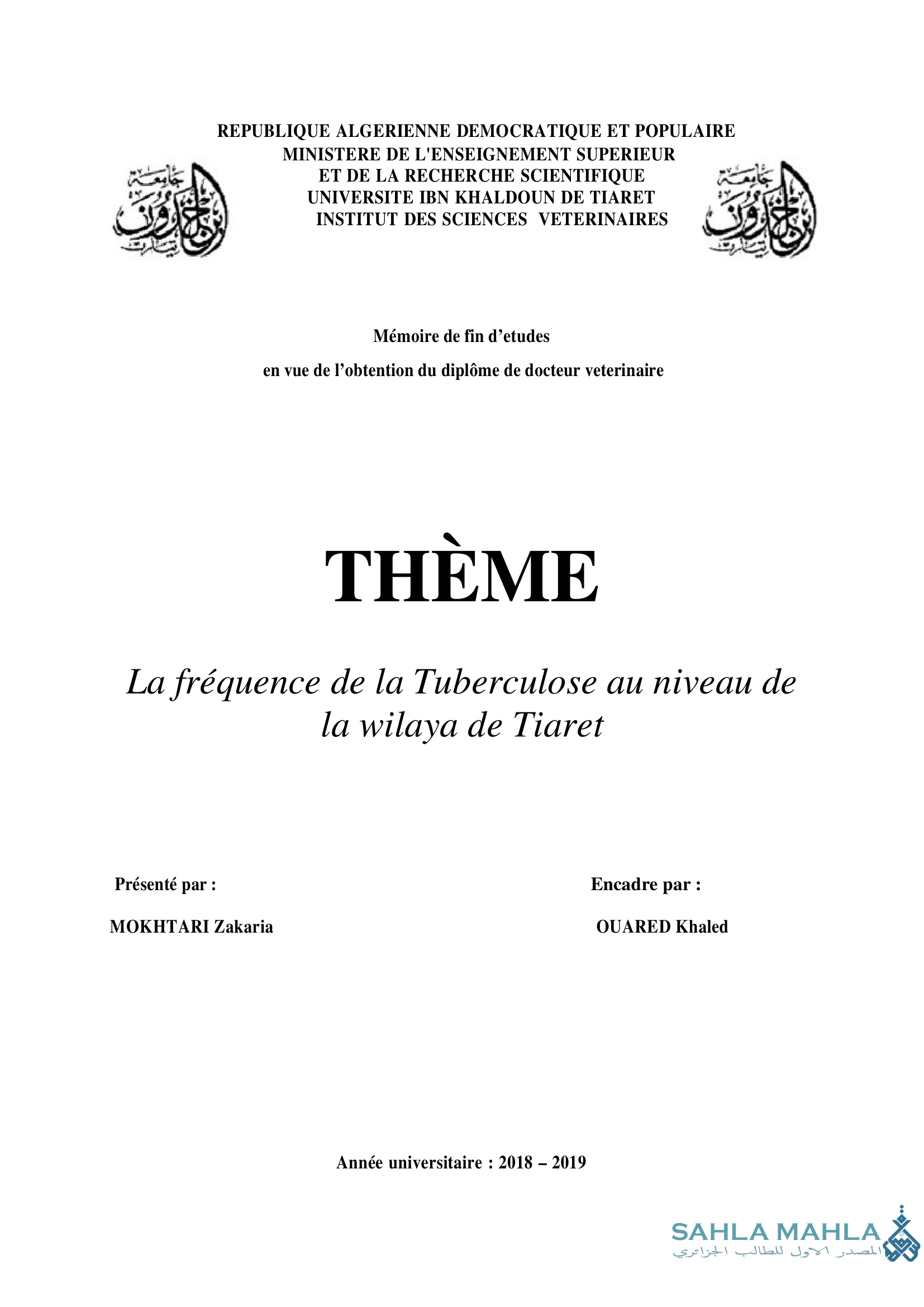 La fréquence de la Tuberculose au niveau de la wilaya de Tiaret