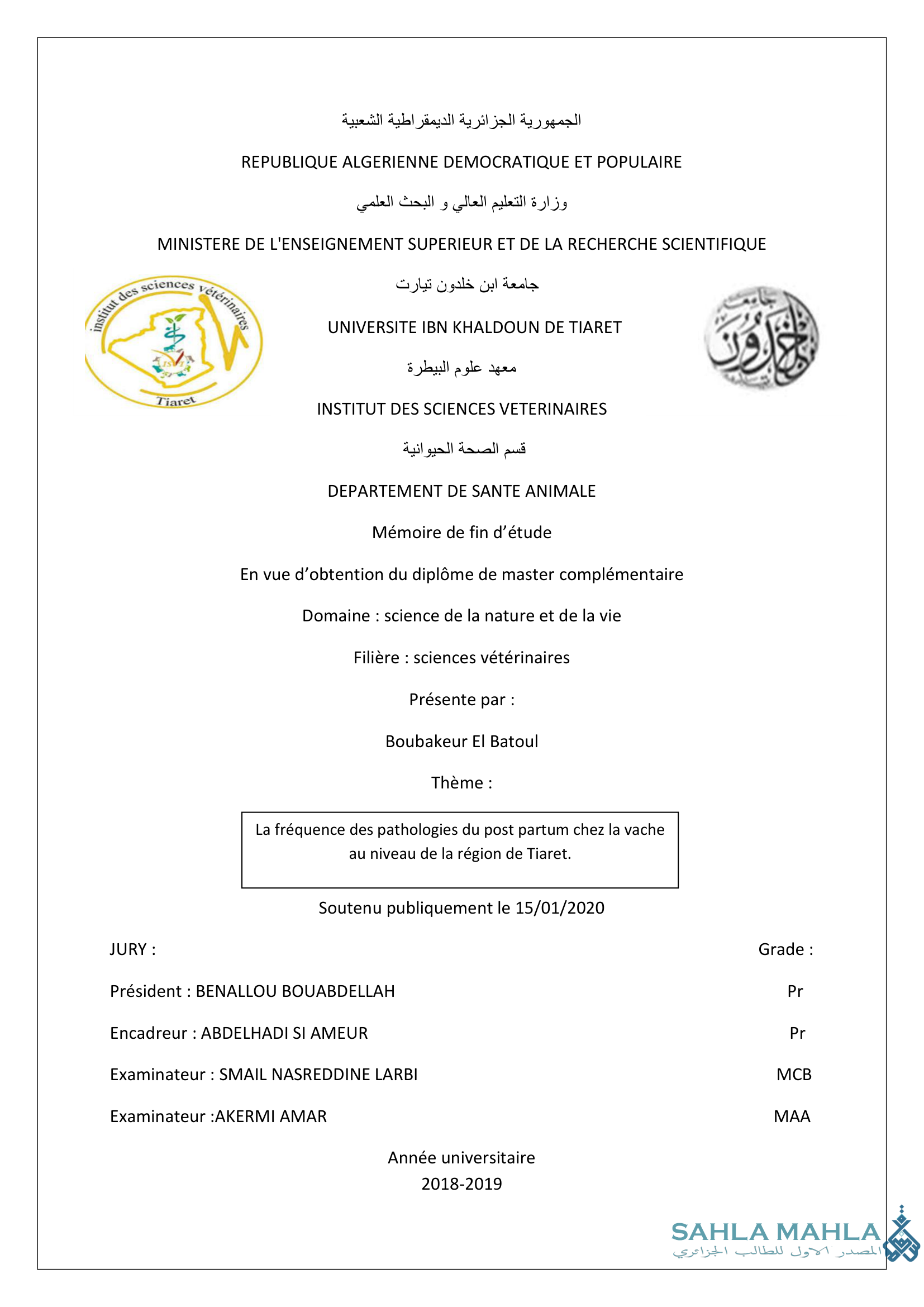 La fréquence des pathologies du post partum chez la vache au niveau de la région de Tiaret.