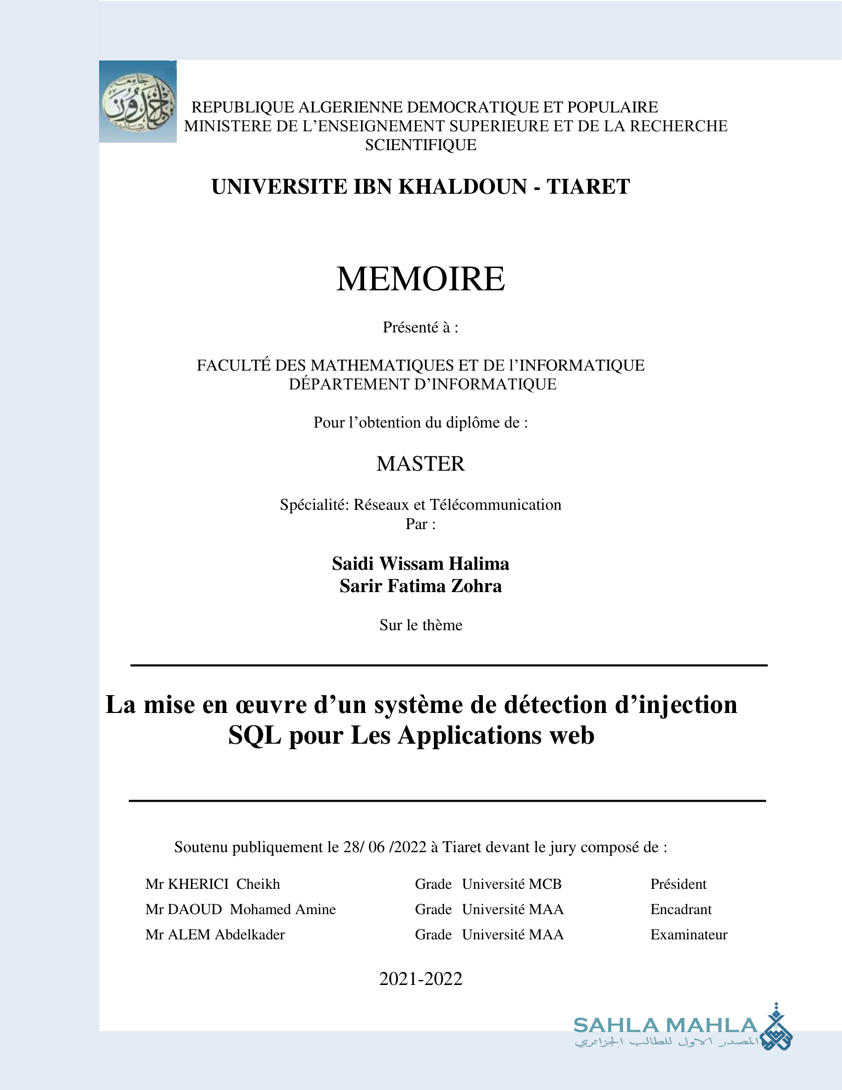 La mise en œuvre d'un système de détection d'injection SQL pour Les Applications web