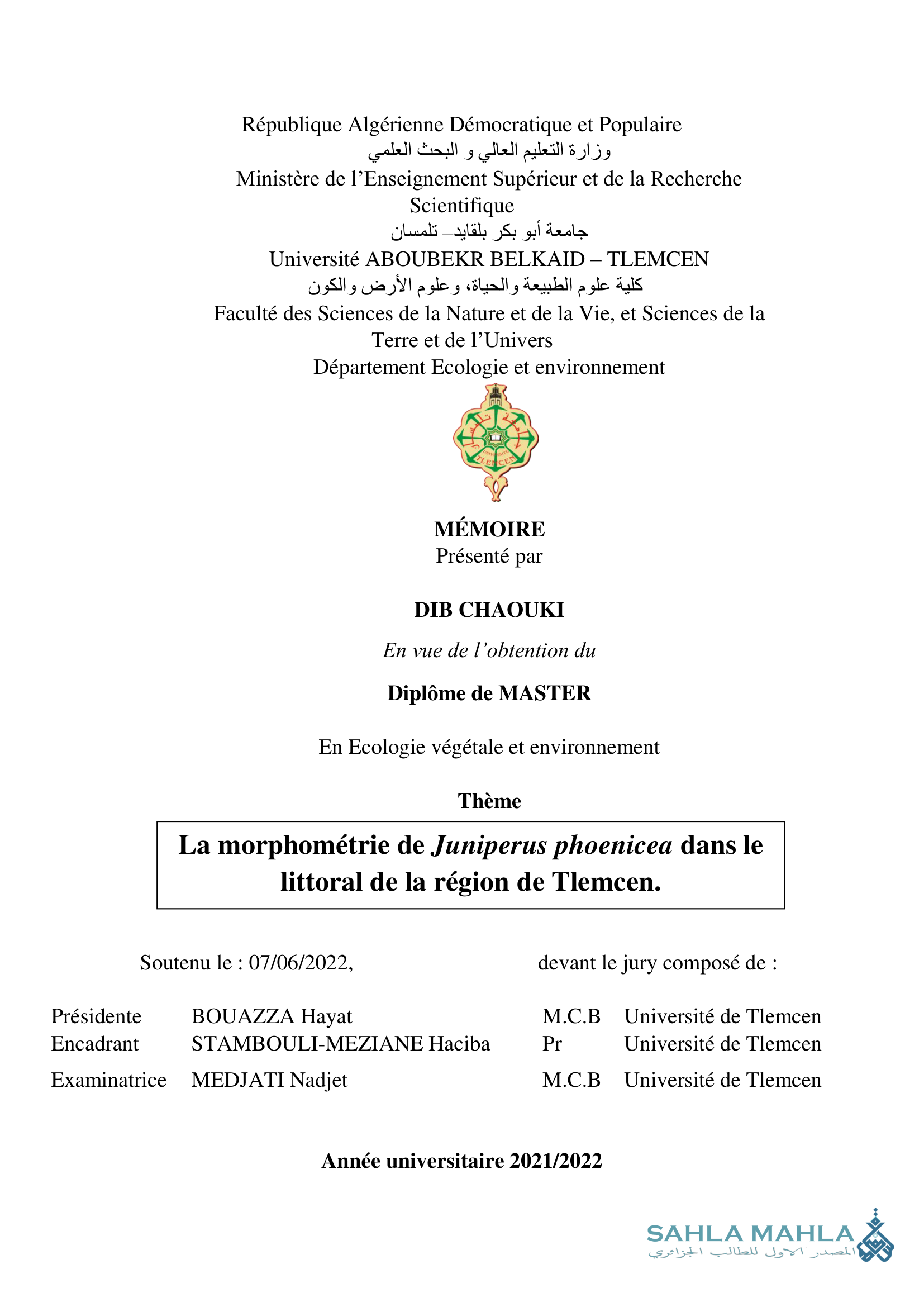 La morphométrie de Juniperus phoenicea dans le littoral de la région de Tlemcen.