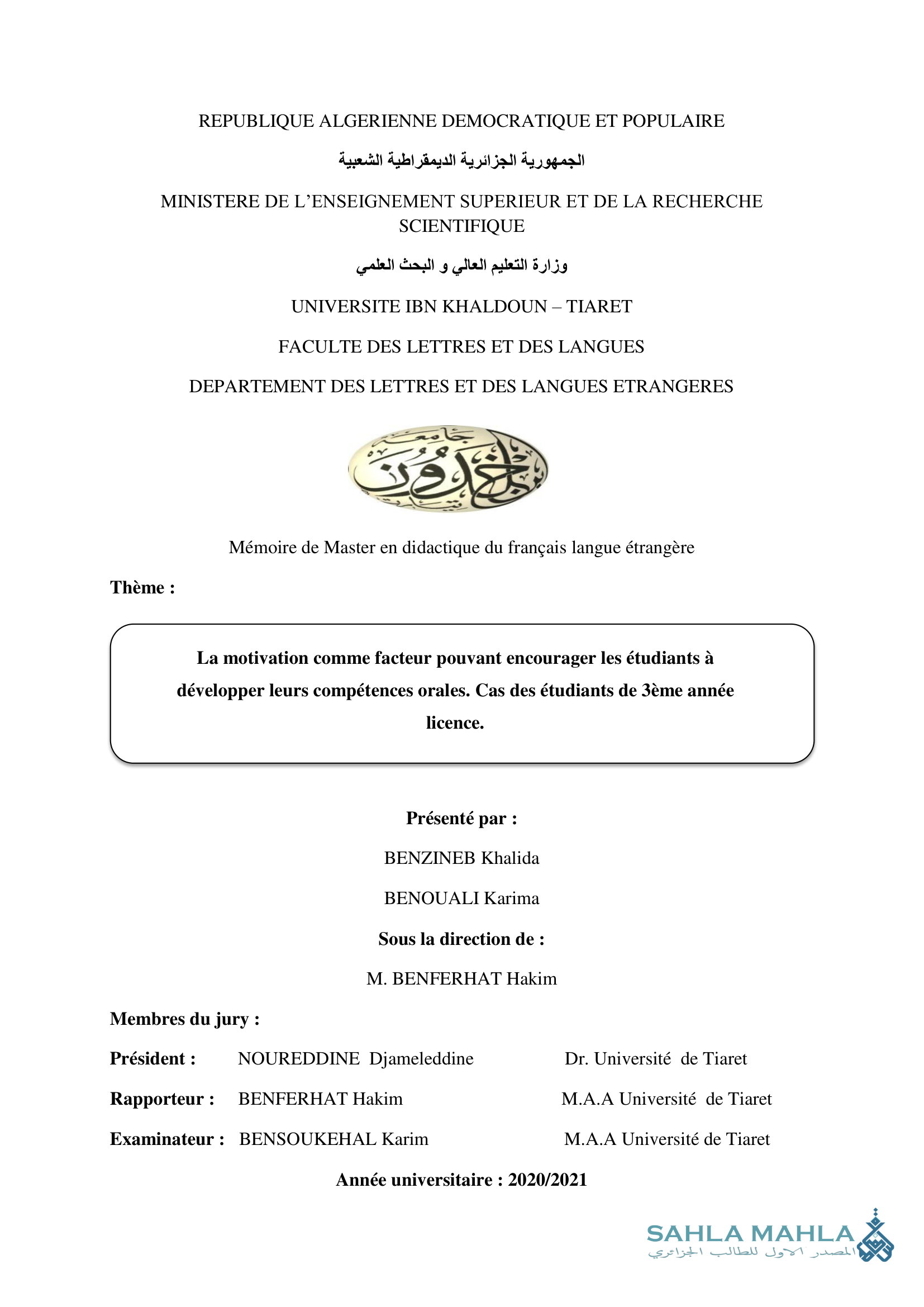 La motivation comme facteur pouvant encourager les étudiants à développer leurs compétences orales. Cas des étudiants de 3ème année licence.