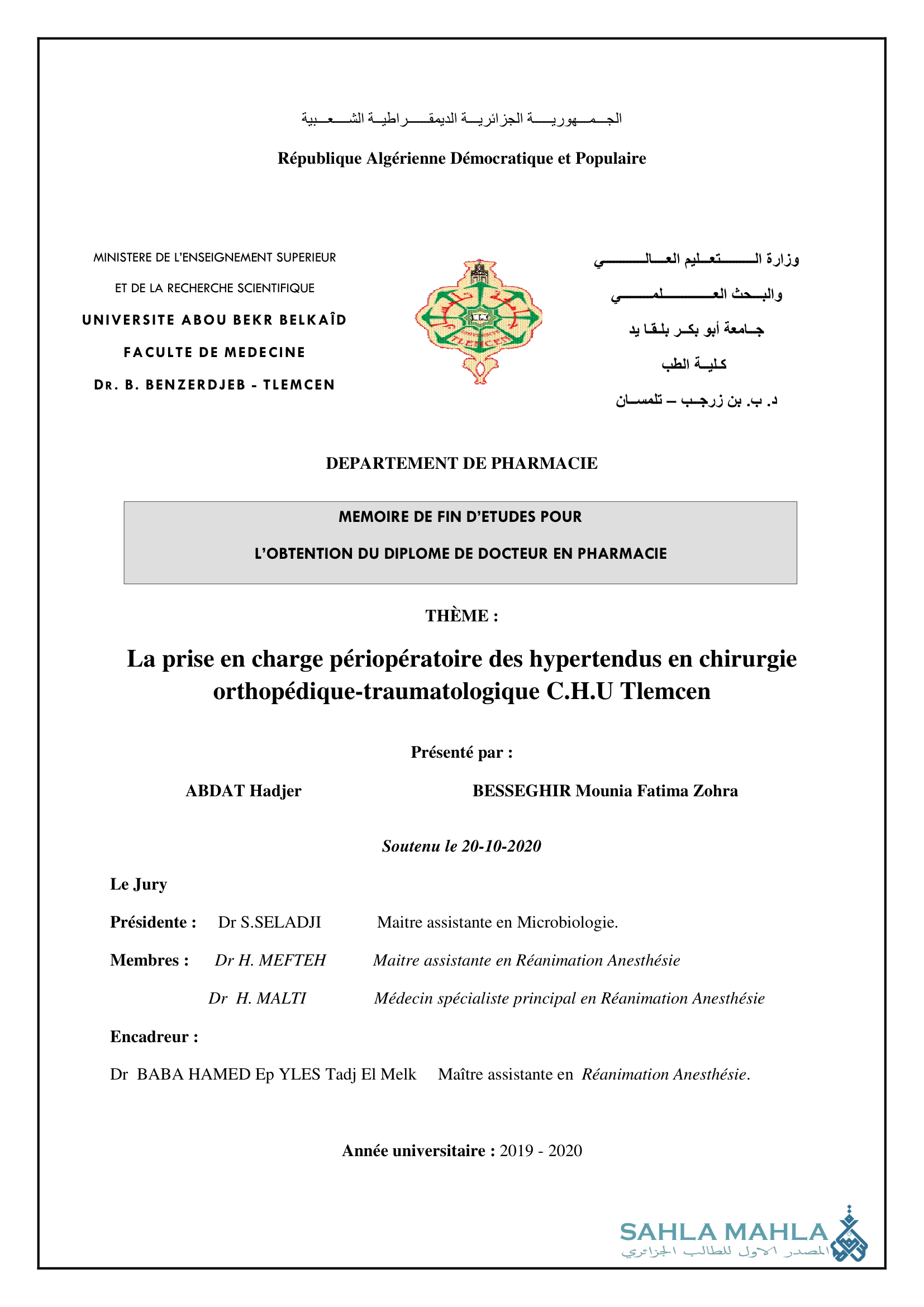 La prise en charge périopératoire des hypertendus en chirurgie orthopédique-traumatologique C.H.U Tlemcen