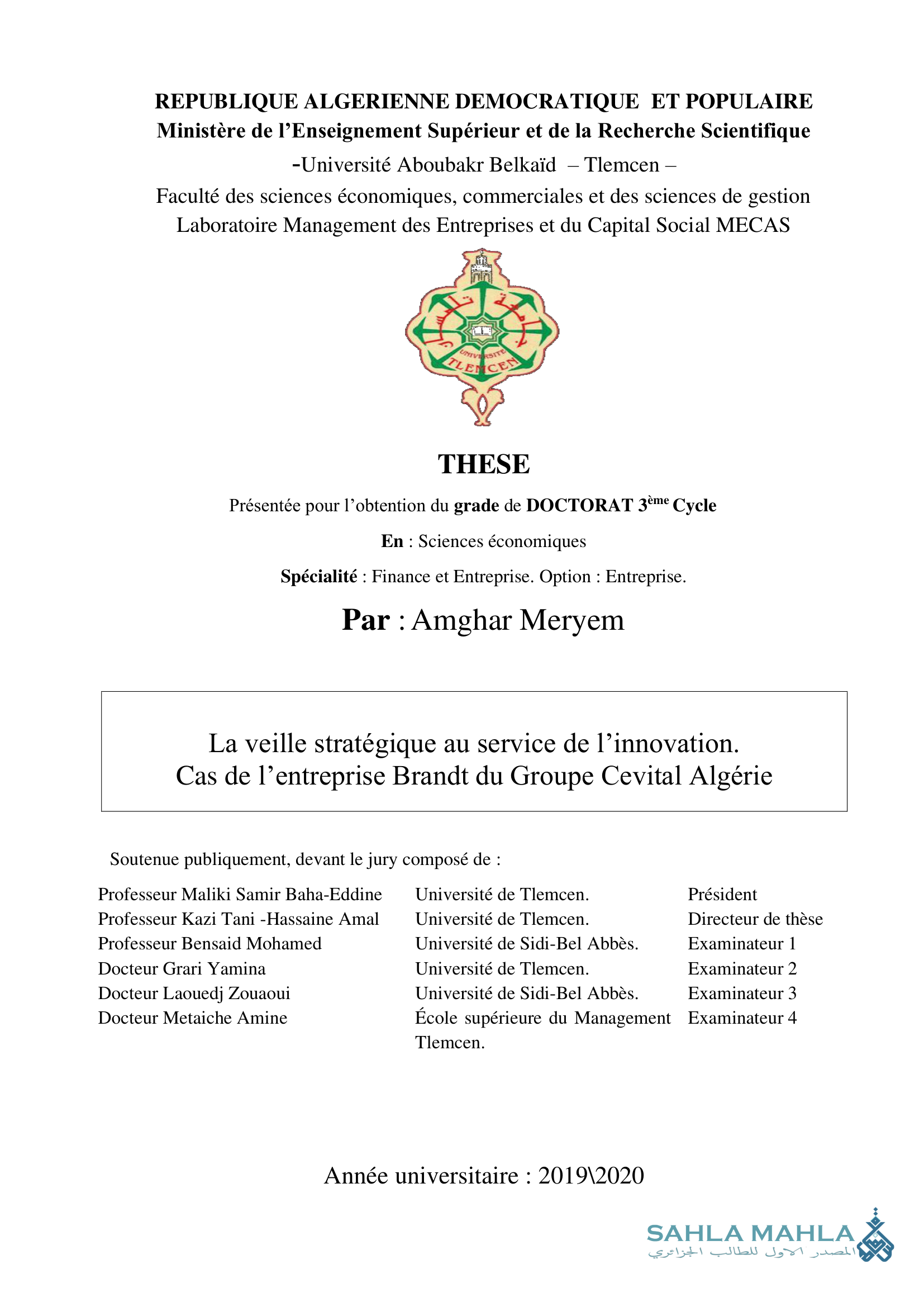 La veille stratégique au service de l'innovation. Cas de l'entreprise Brandt du Groupe Cevital Algérie