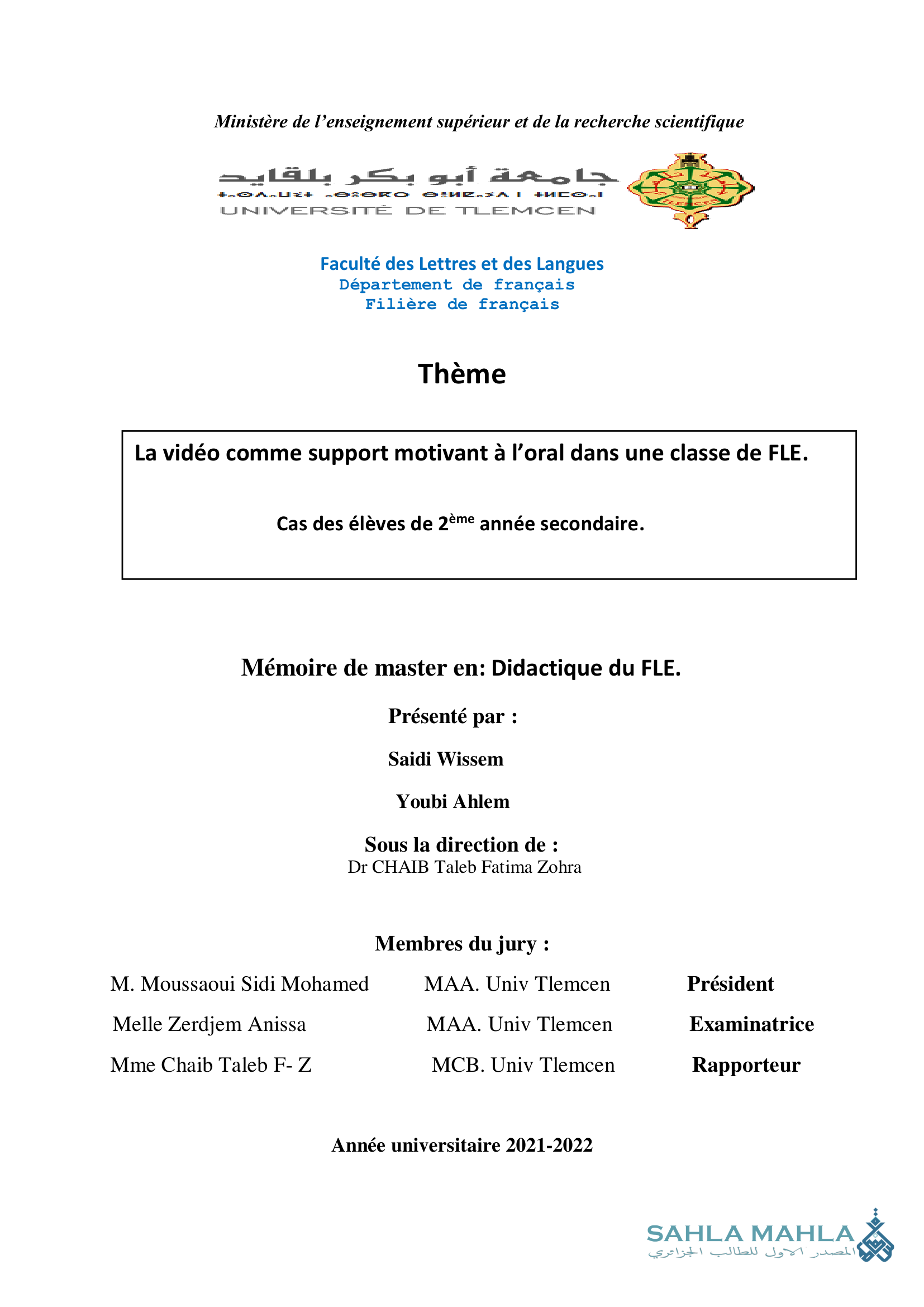 La vidéo comme support motivant à l'oral dans une classe de FLE. Cas des élèves de 2ème année secondaire.