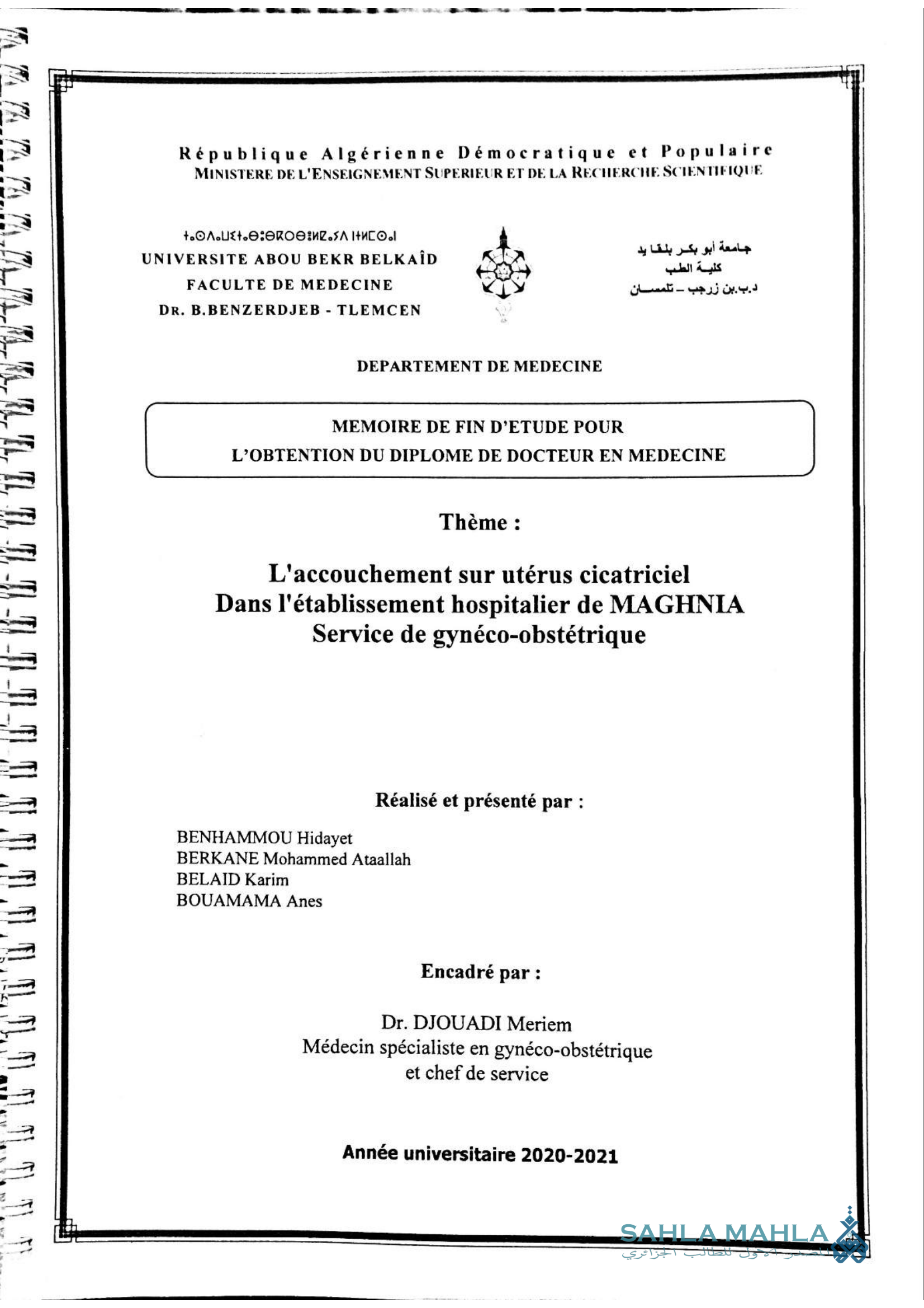 L'accouchement sur utérus cicatriciel Dans l'établissement hospitalier de MAGHNIA Service de gynéco-obstétrique