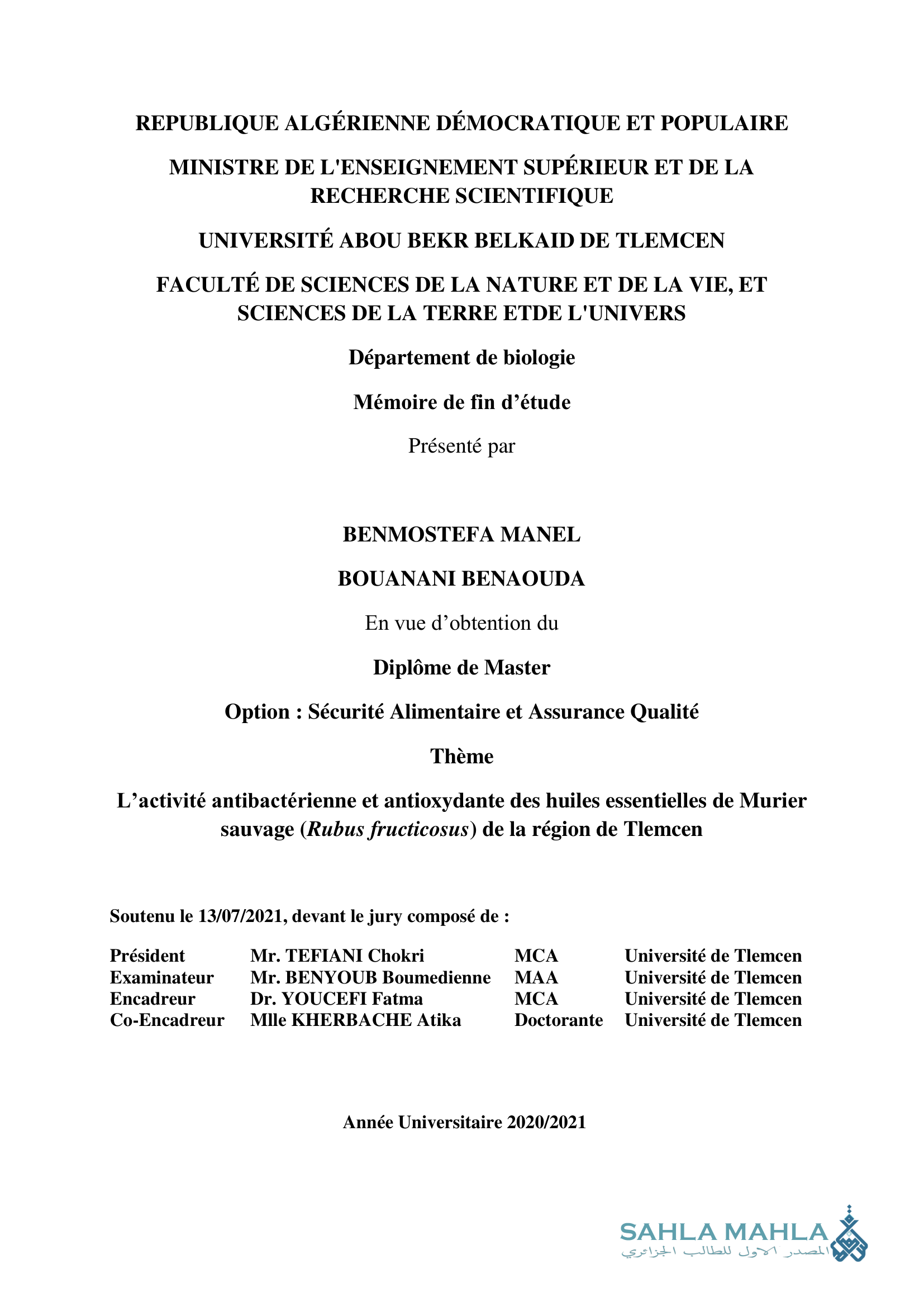 L'activité antibactérienne et antioxydante des huiles essentielles de Murier sauvage (Rubus fructicosus) de la région de Tlemcen