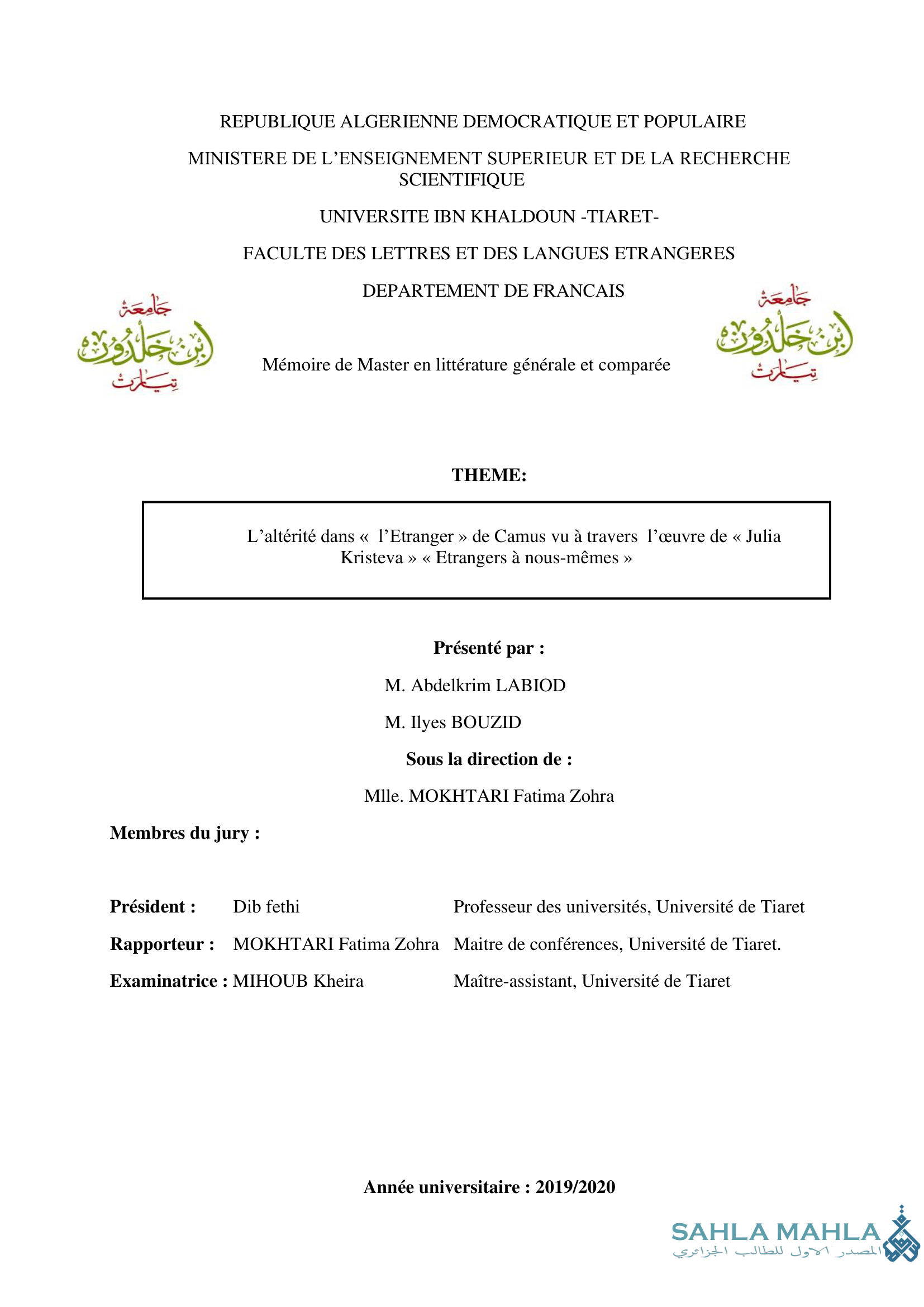 L'altérité dans « l'Etranger » de Camus vu à travers l'œuvre de « Julia Kristeva » « Etrangers à nous-mêmes »