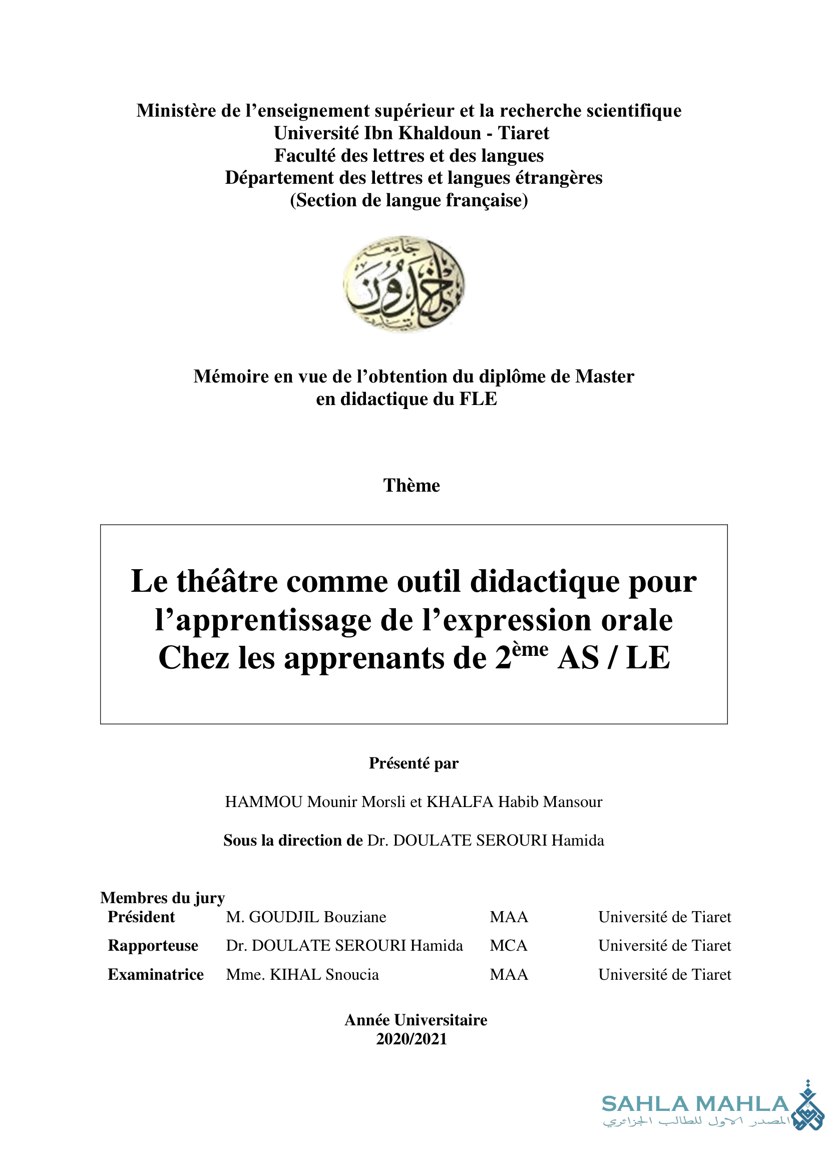 Le théâtre comme outil didactique pour l'apprentissage de l'expression orale Chez les apprenants de 2ème AS/LE